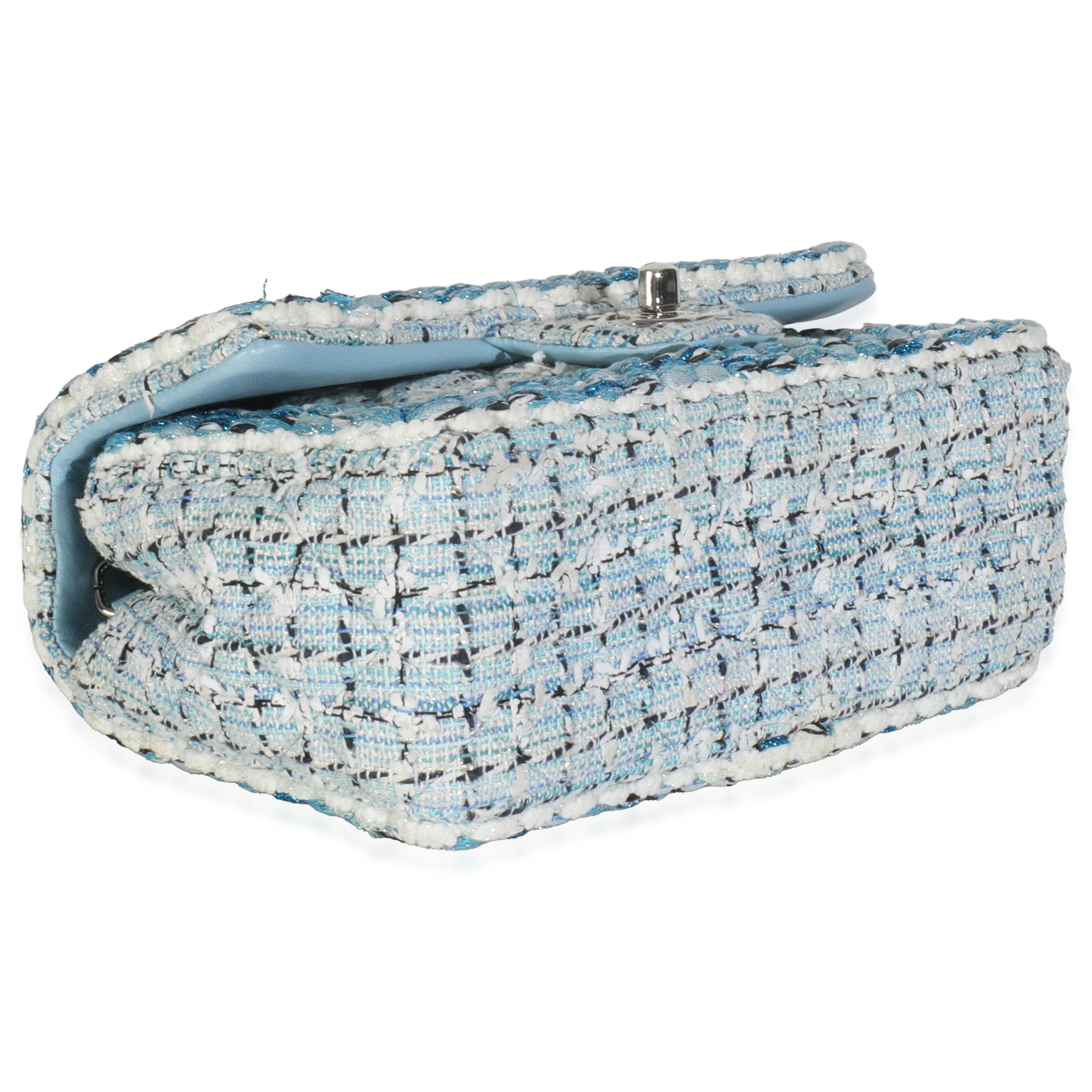 Blue White Quilted Metallic Tweed Braided Mini Rectangular Flap Bag - Image 7