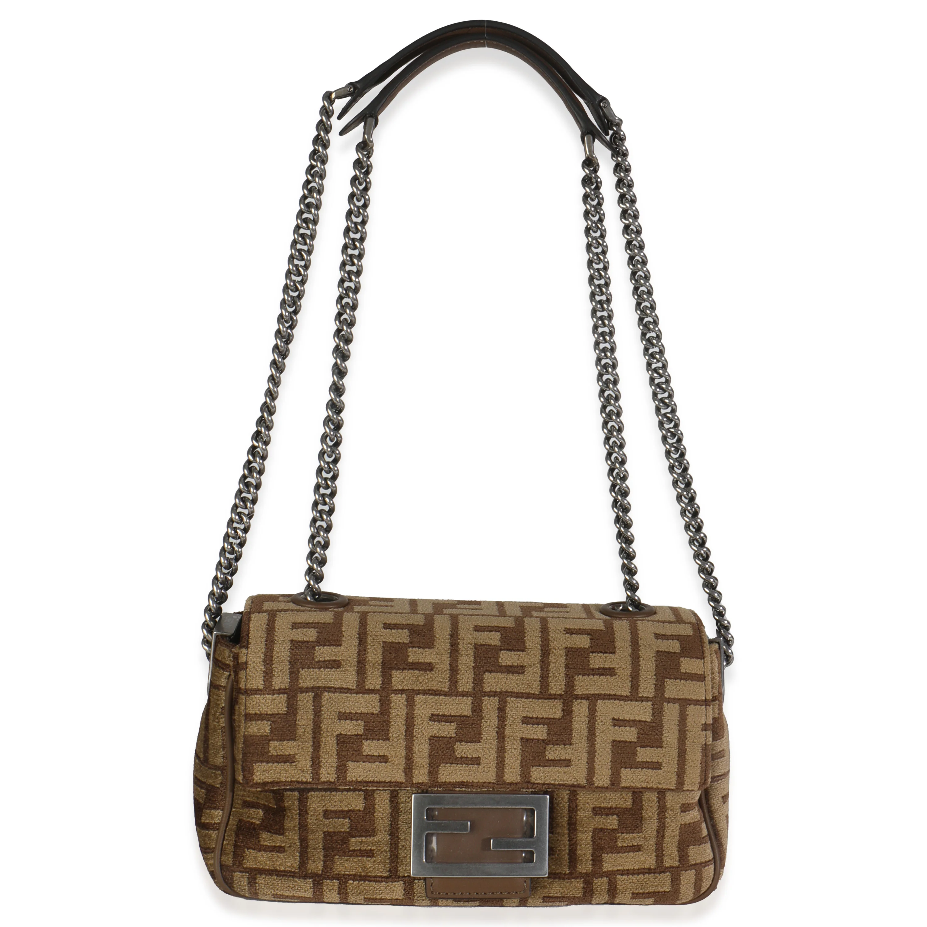 Brown Chenille Vitello Seta FF Midi Chain Baguette - Image 8