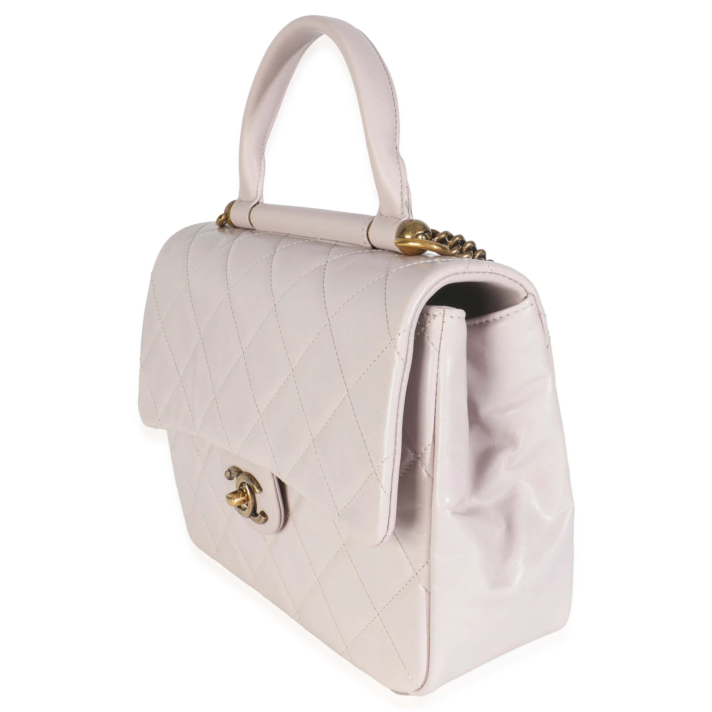 Light Pink Quilted Glazed Calfskin Medium Gold Bar Top Handle Flap Bag - Image 2