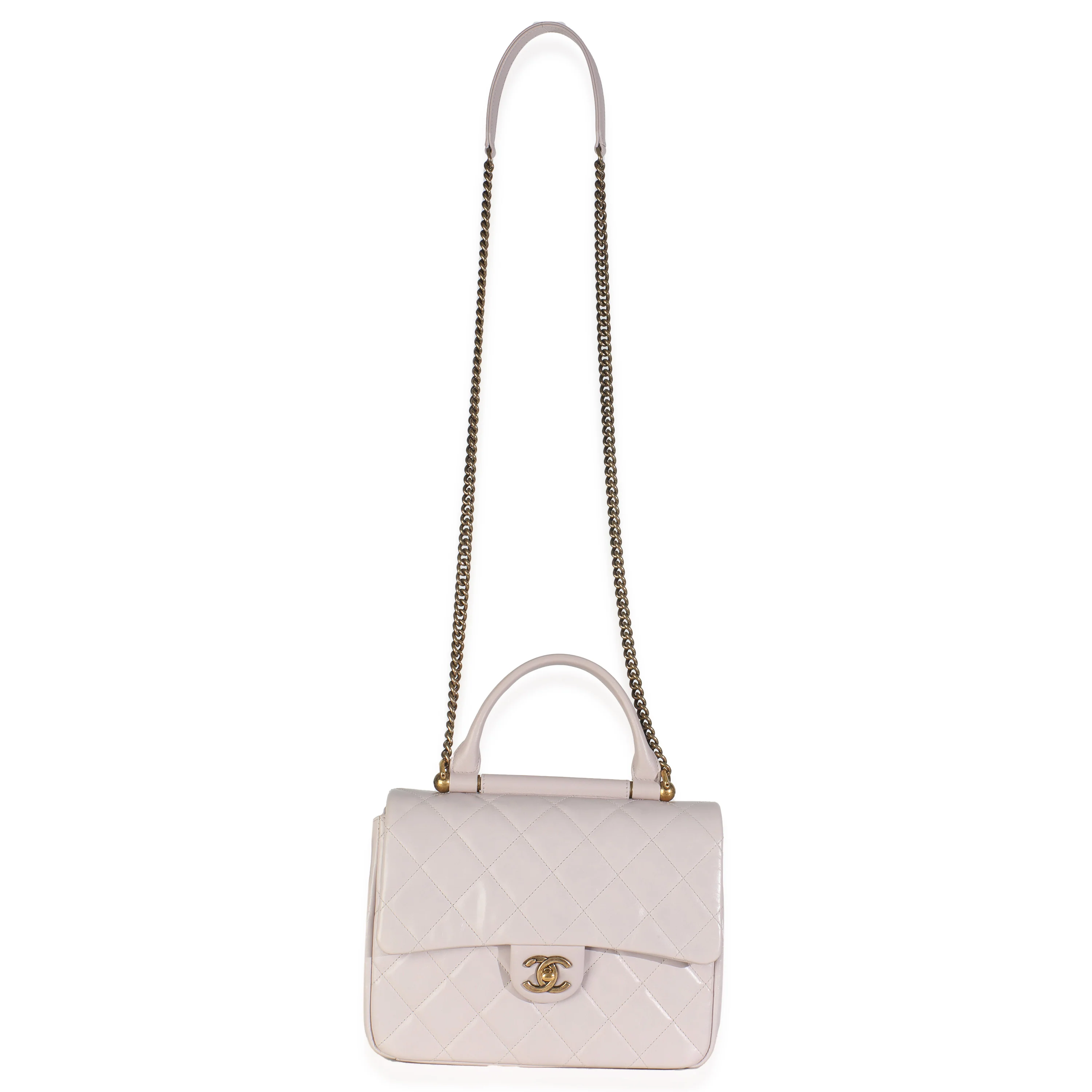 Light Pink Quilted Glazed Calfskin Medium Gold Bar Top Handle Flap Bag - Image 8