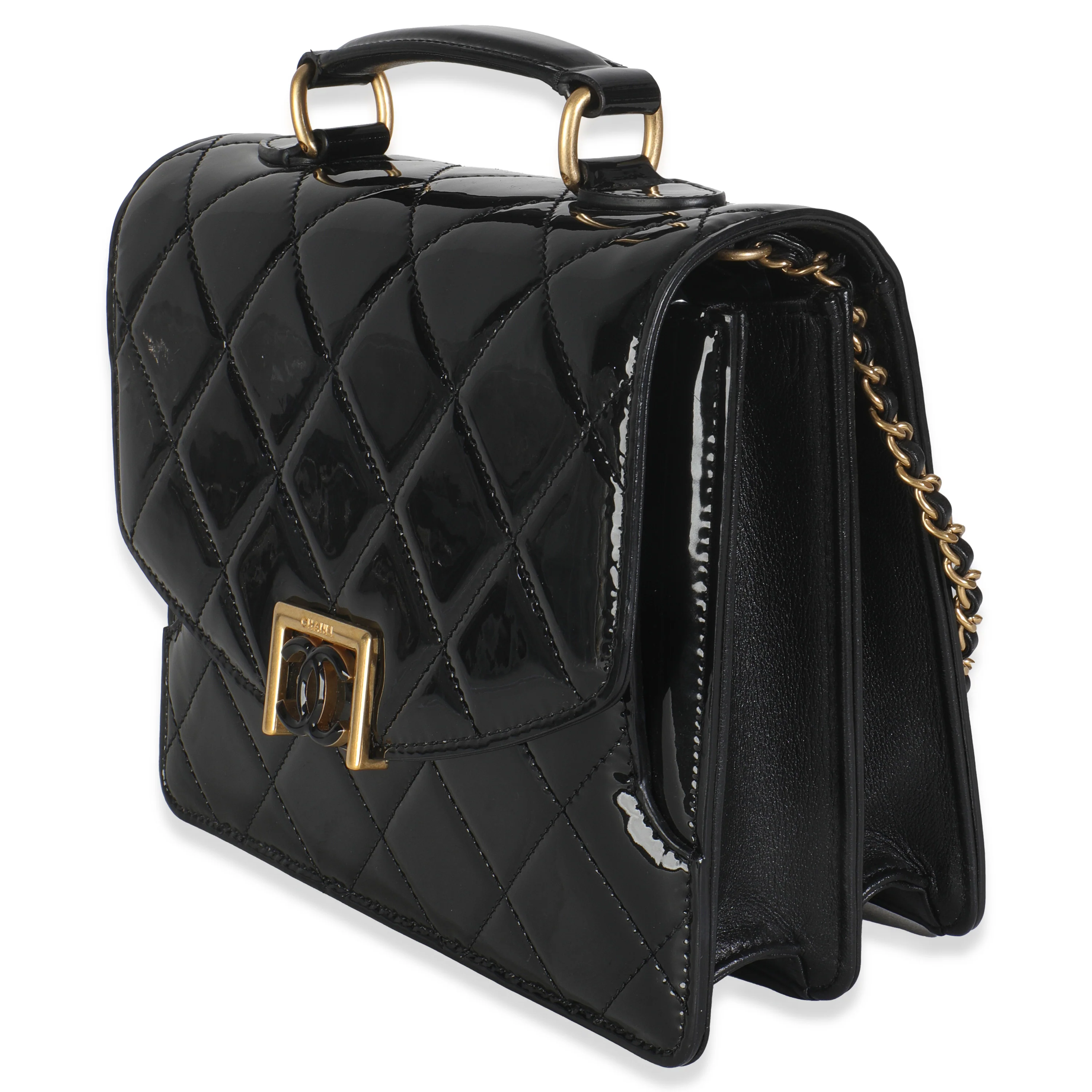 23A Black Quilted Patent Accordion Pushlock Top Handle Flap Bag - Image 2