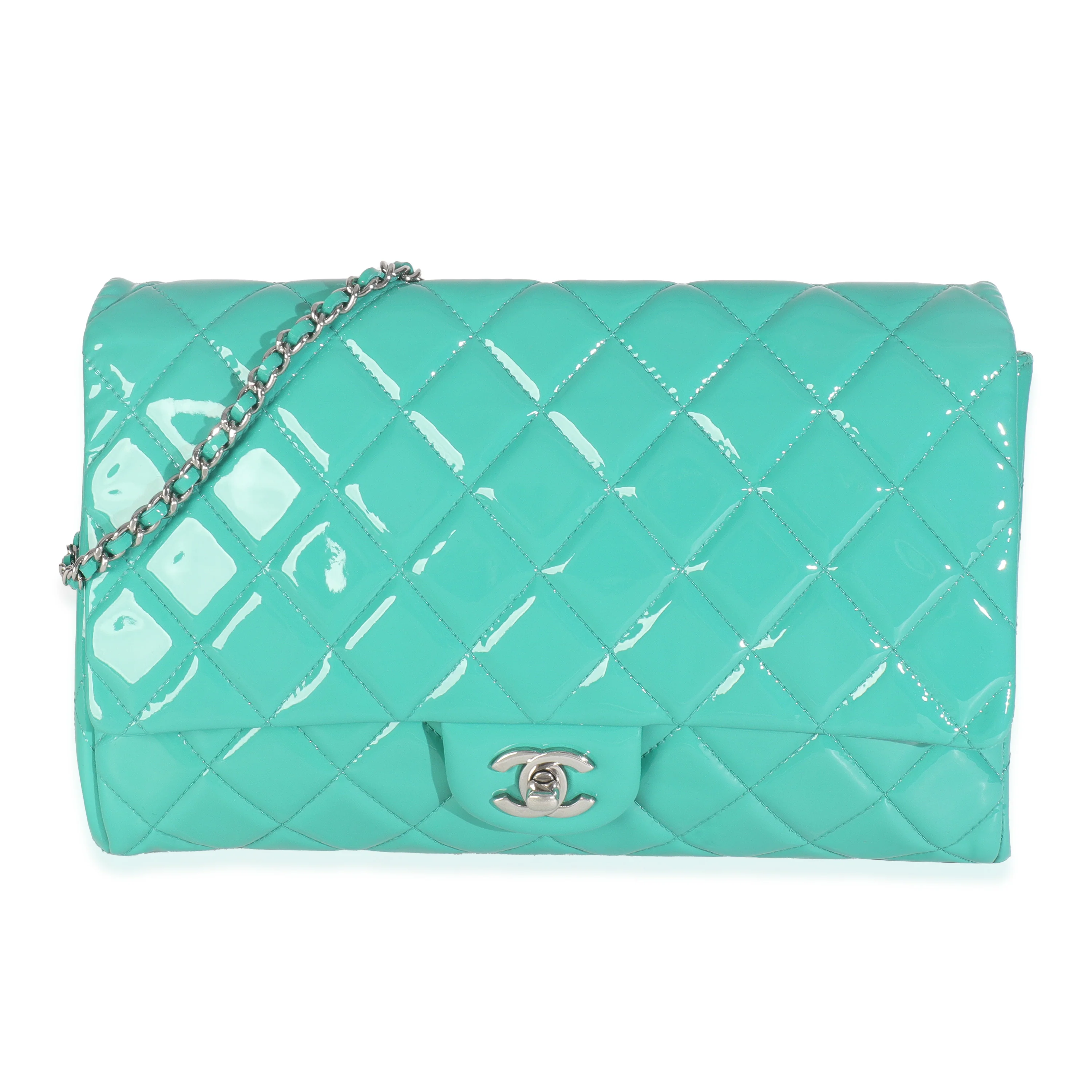 Turquoise Quilted Patent Classic Flap Clutch With Chain