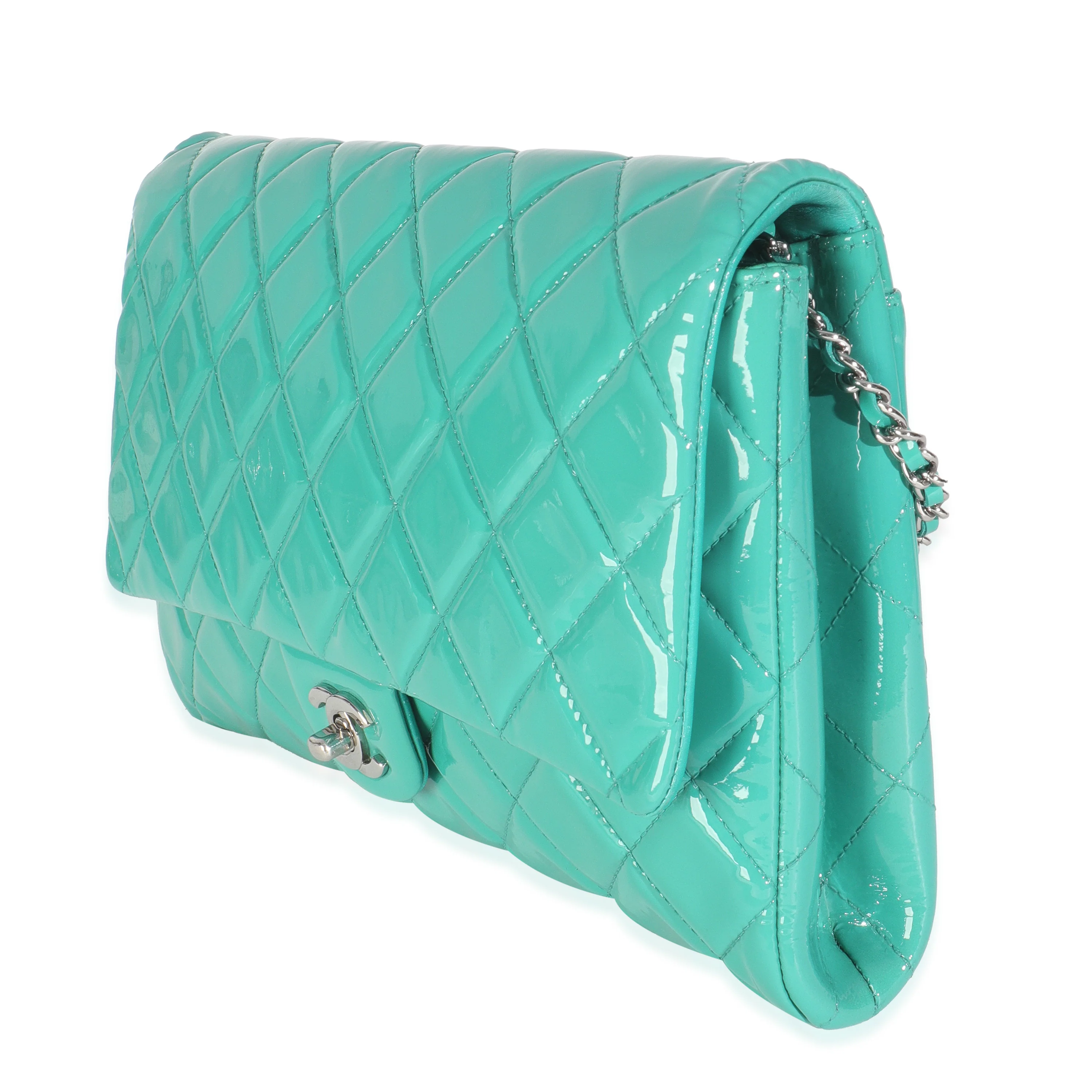 Turquoise Quilted Patent Classic Flap Clutch With Chain - Image 2