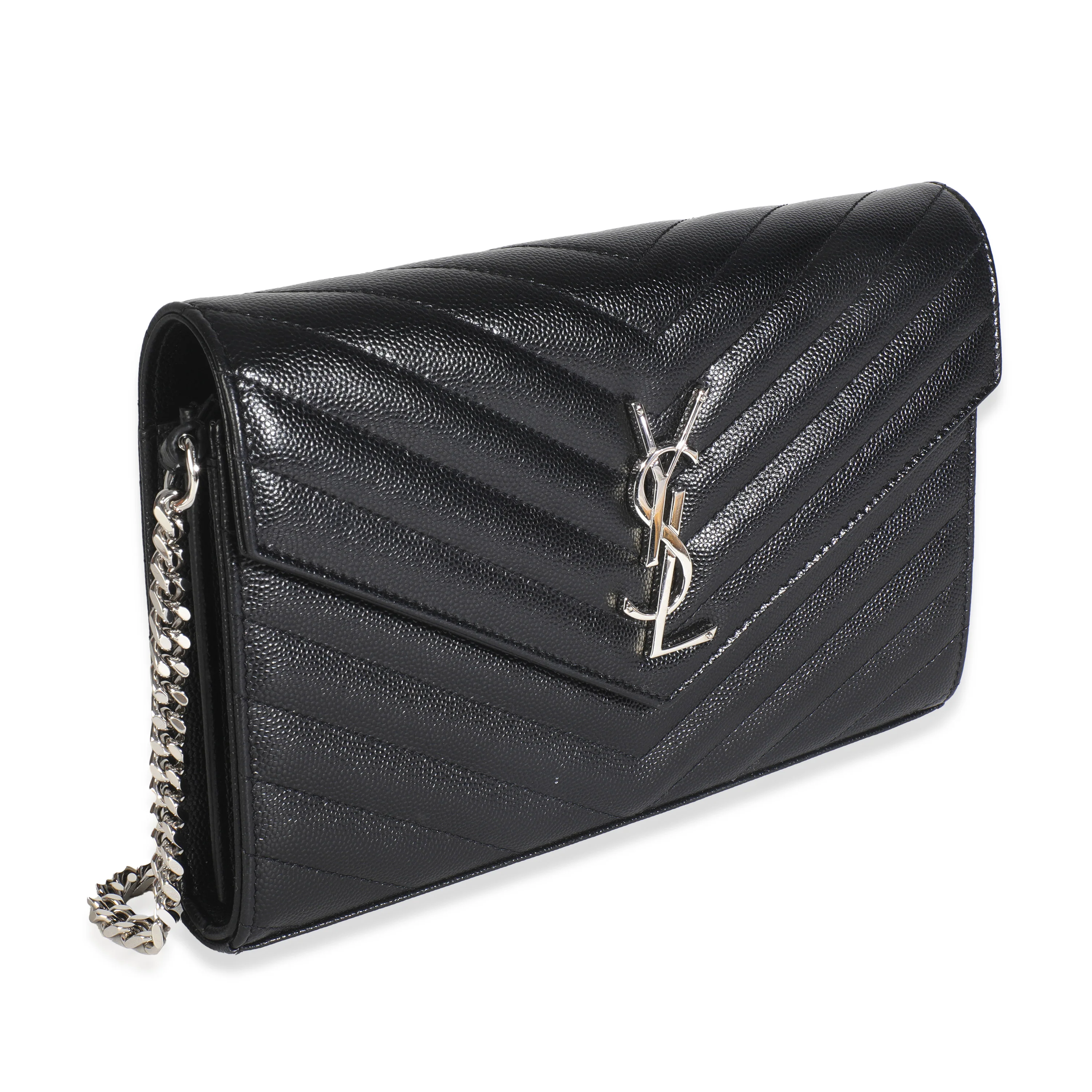 Black Grain De Poudre Matelasse Chevron Monogram Chain Wallet - Image 3
