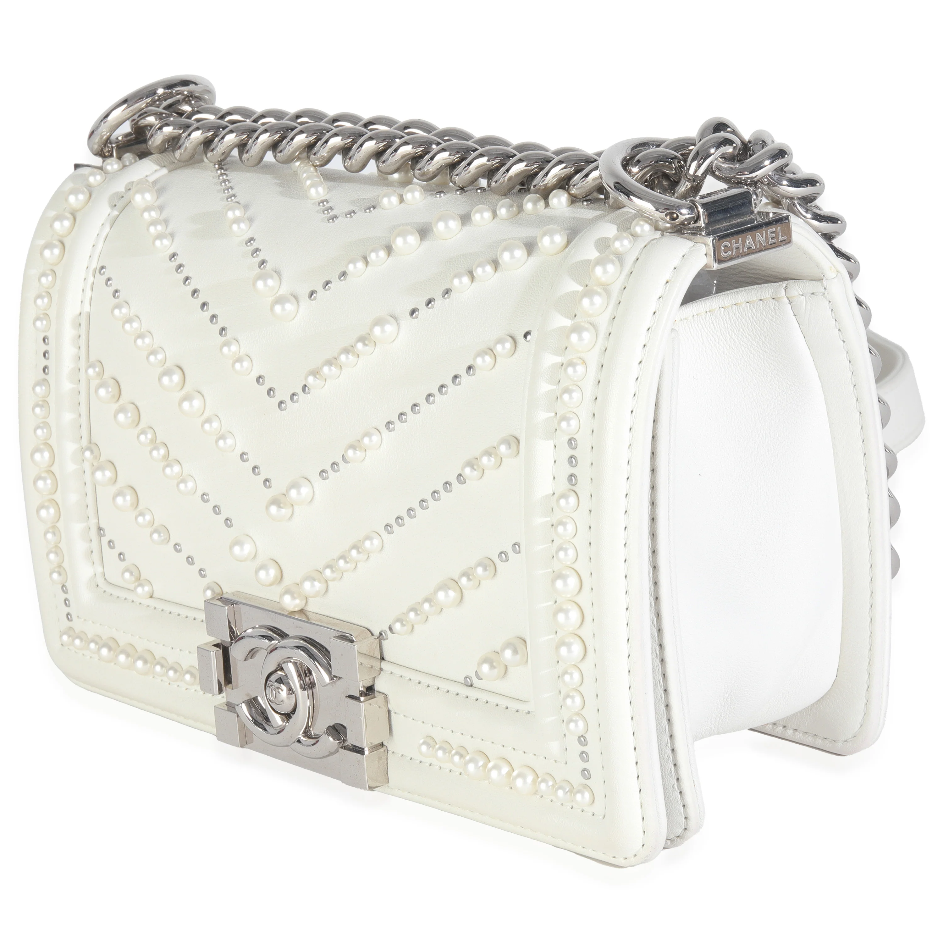 White Calfskin Pearl Chevron Small Boy Bag - Image 2