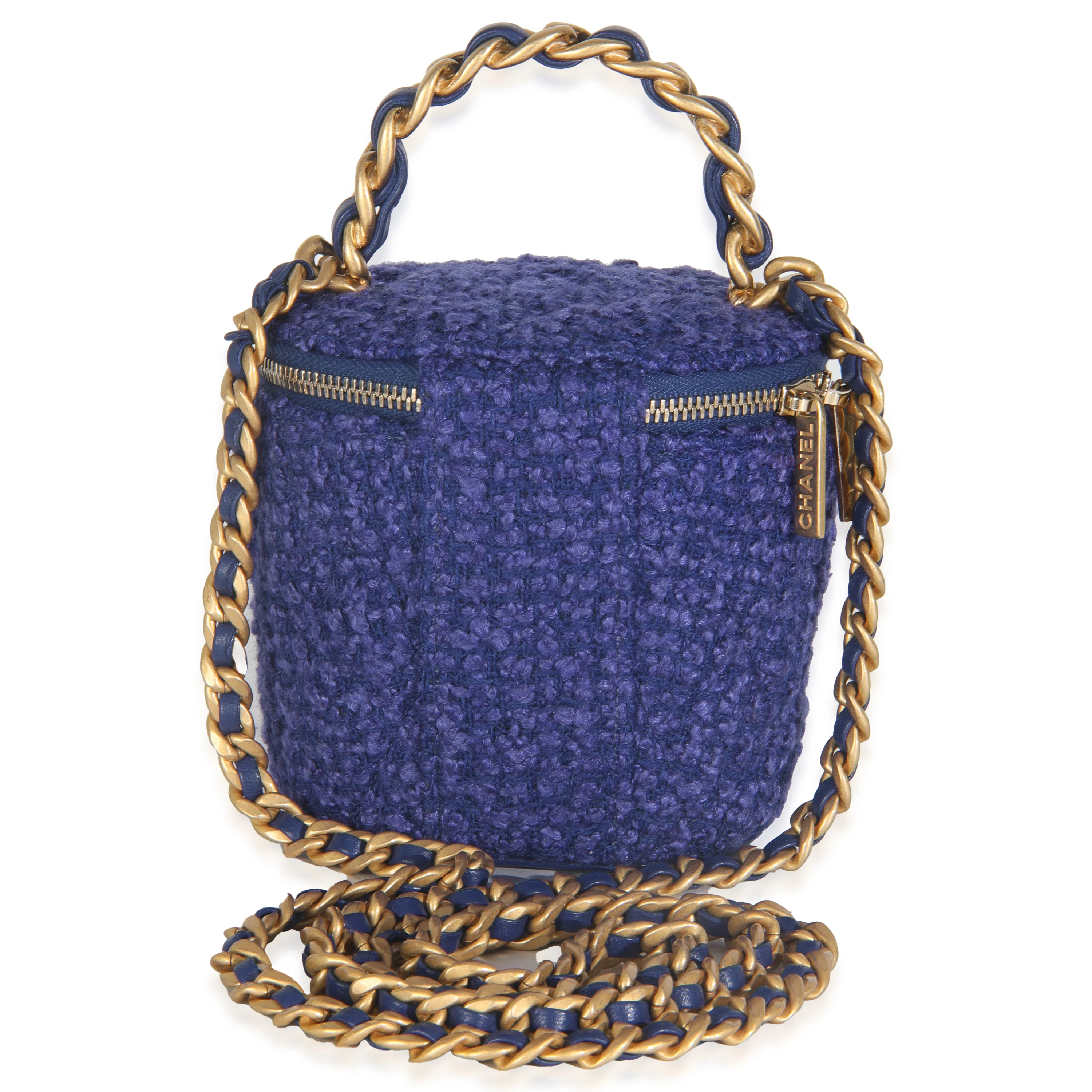 Blue Quilted Tweed Afternoon Tea Top Handle Vanity Case With Chain - Image 4