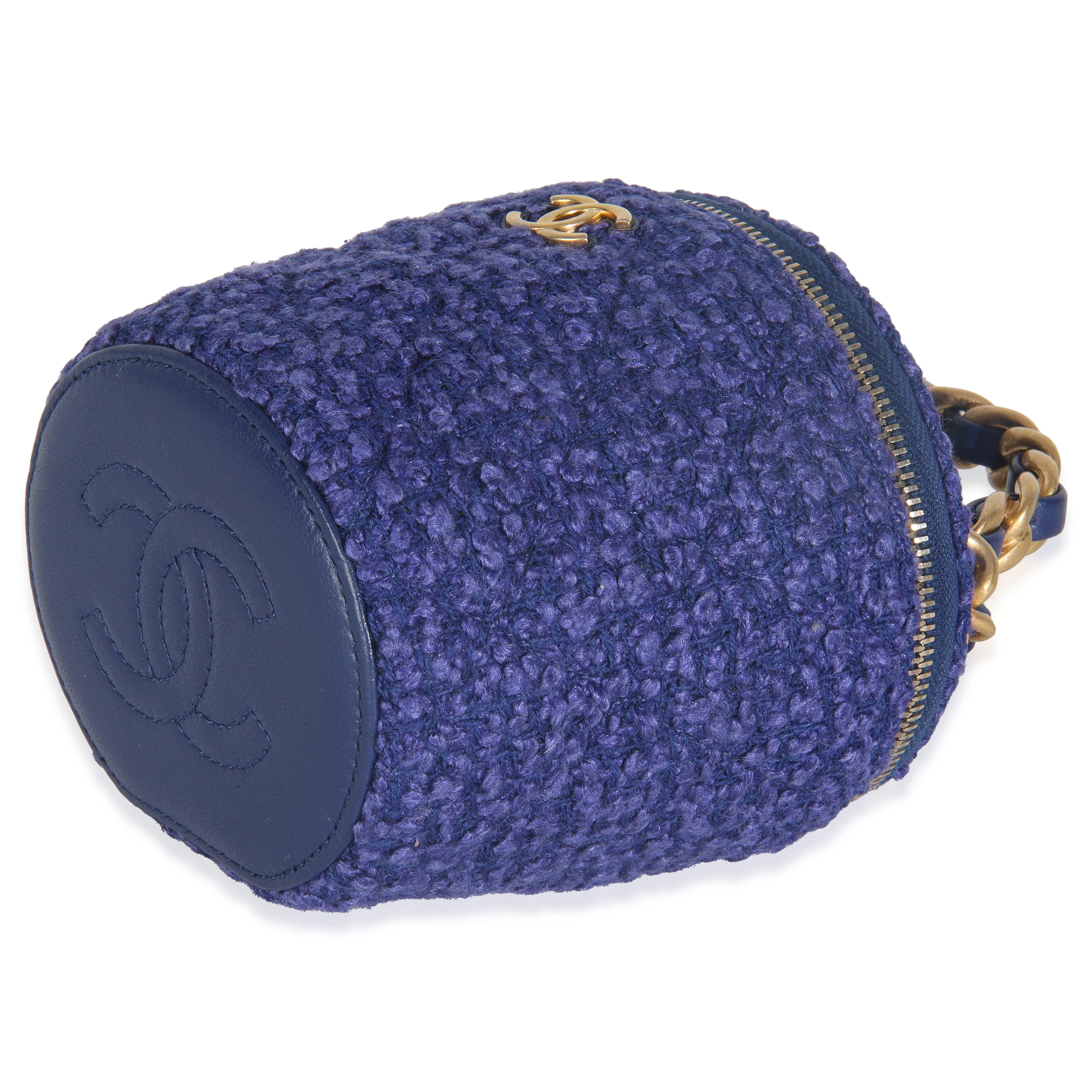 Blue Quilted Tweed Afternoon Tea Top Handle Vanity Case With Chain - Image 7