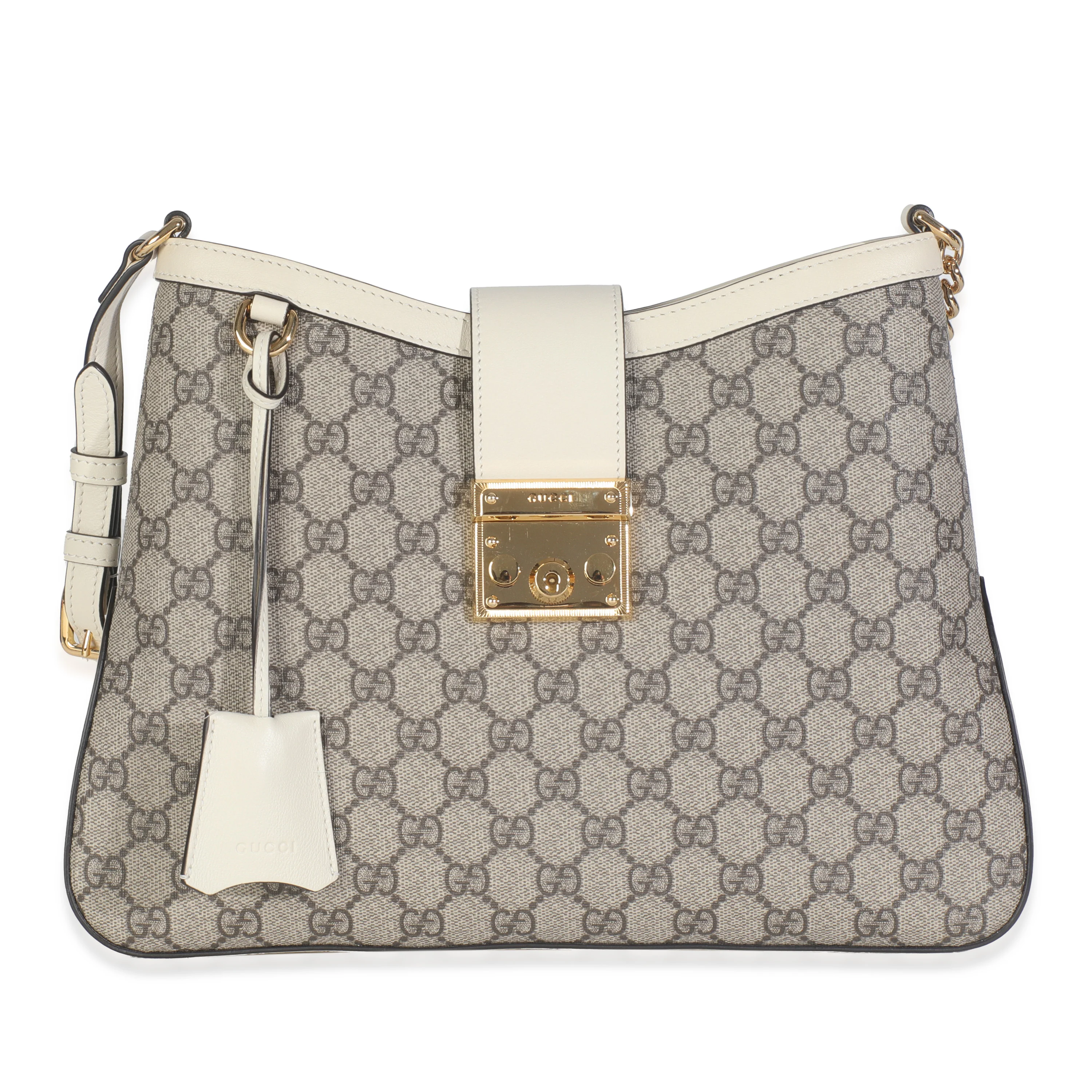 Beige Ebony GG Supreme Canvas Moon Calfskin Medium Padlock Shoulder Bag