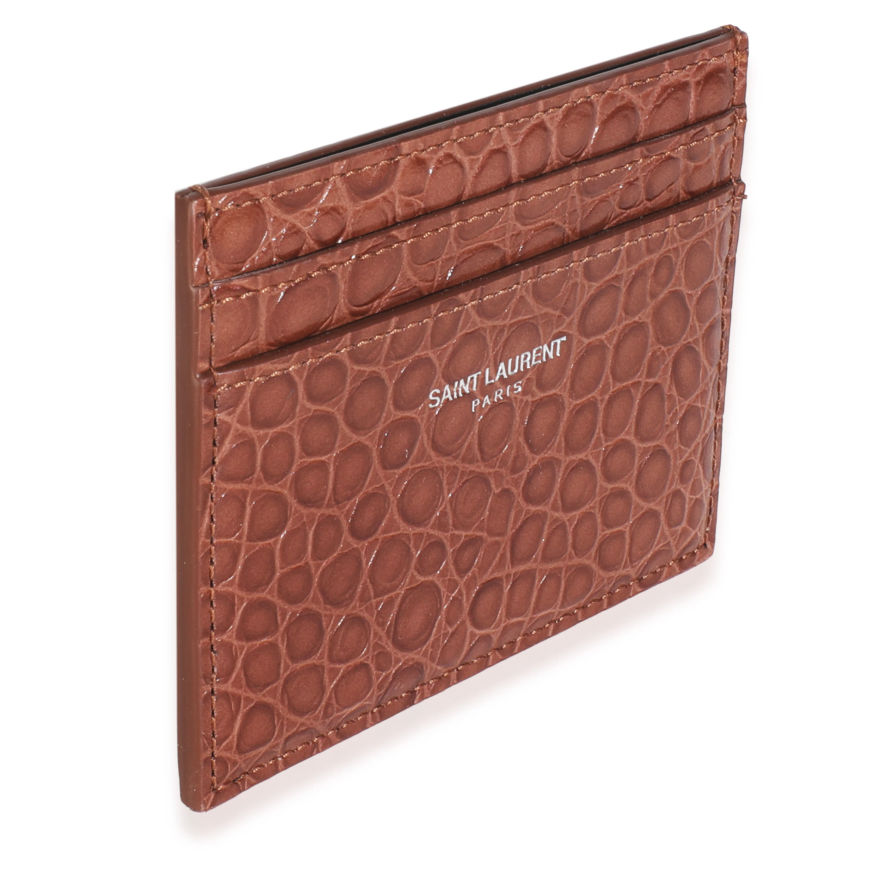 Brown Croc Embossed Calfskin Logo Card Holder - Image 3