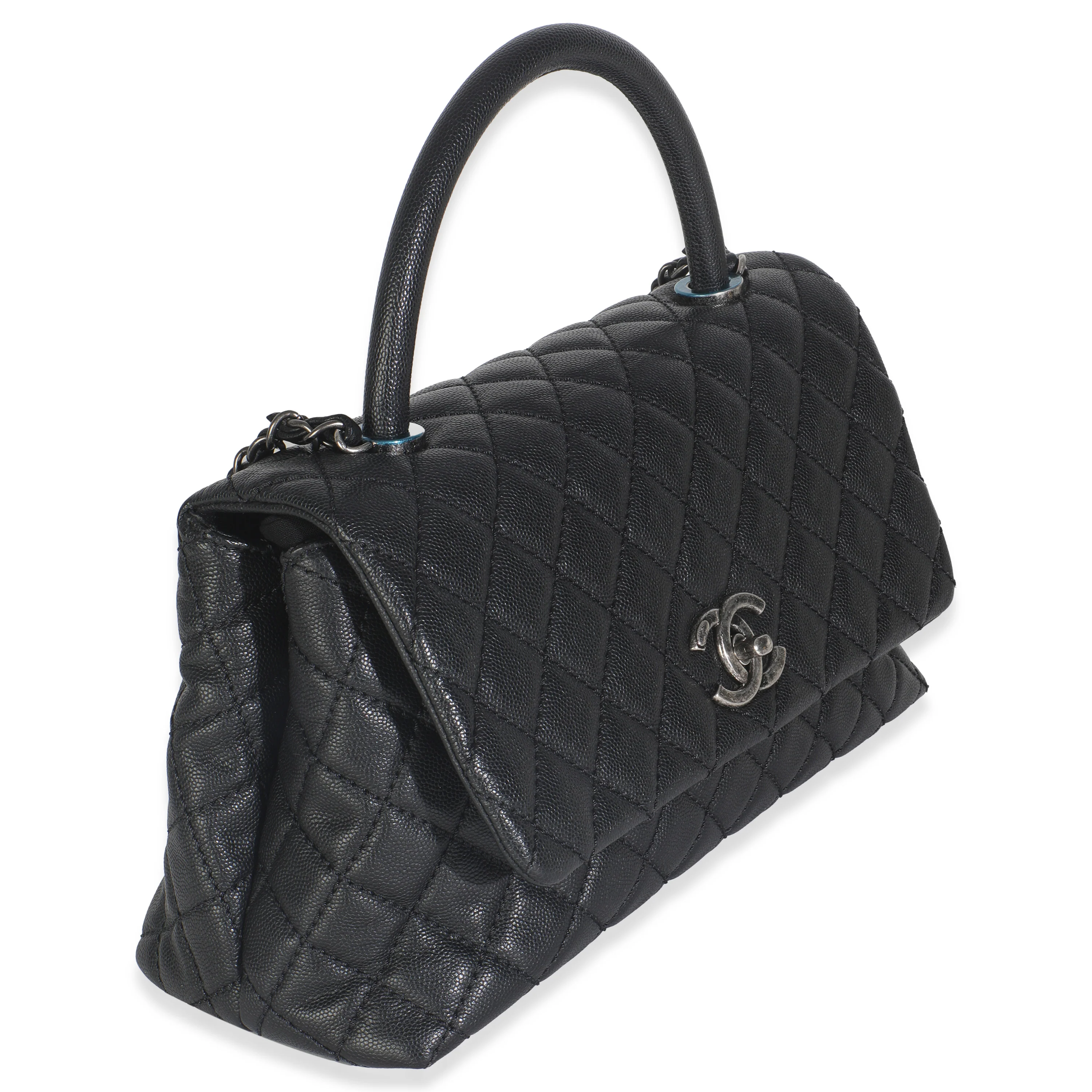 Black Quilted Caviar Medium Coco Top Handle Handbag - Image 3