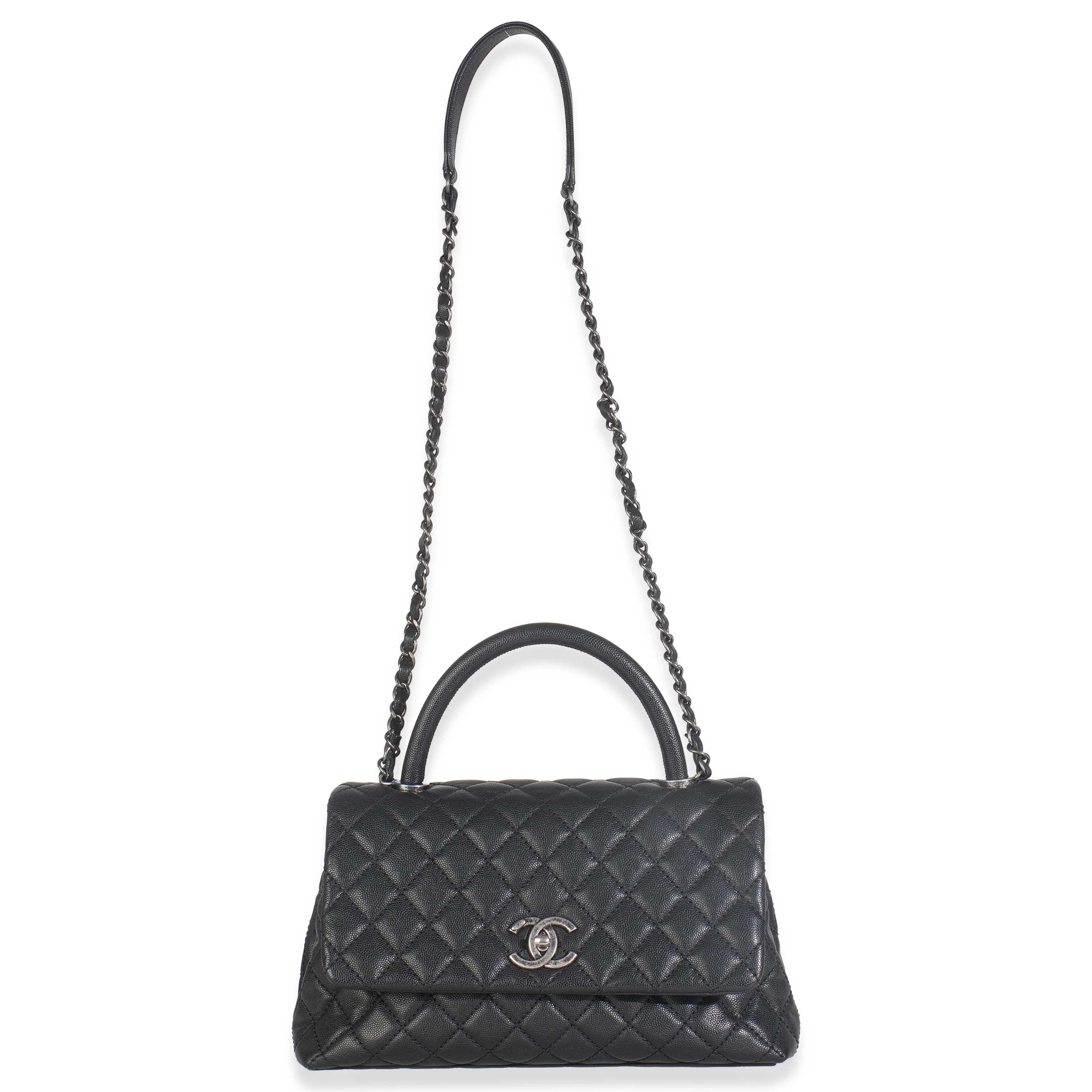 Black Quilted Caviar Medium Coco Top Handle Handbag - Image 7