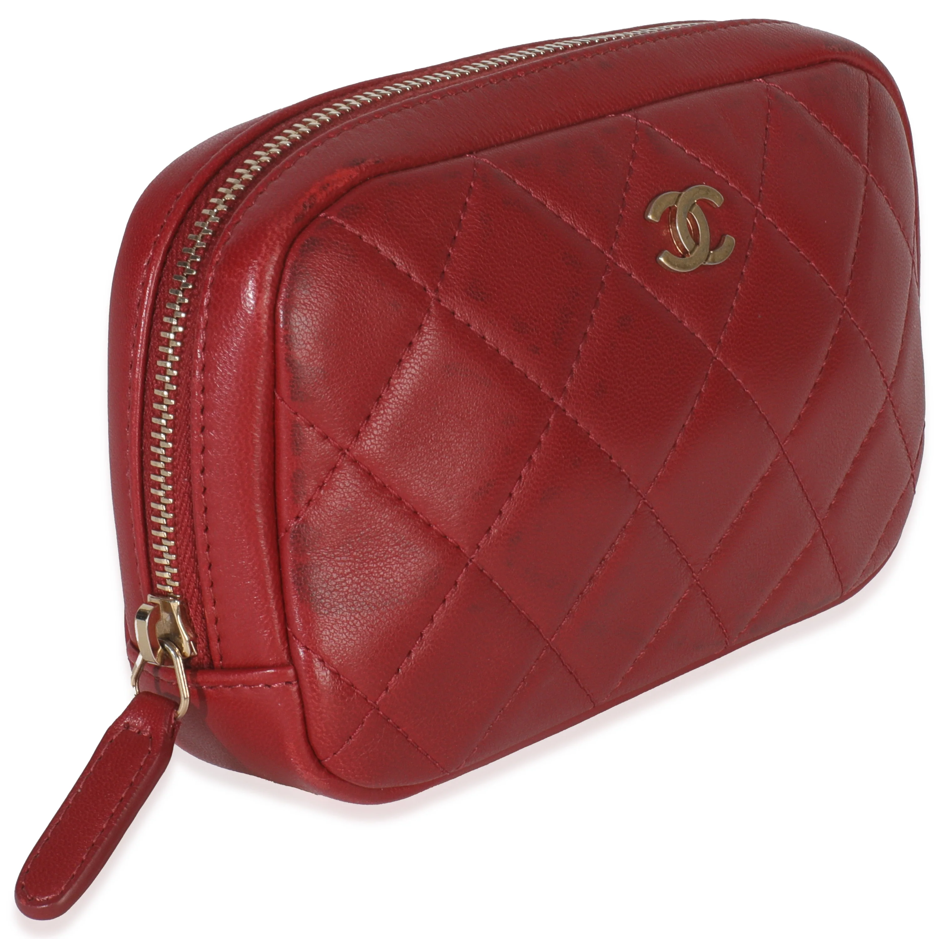 Red Quilted Lambskin CC Curvy Cosmetic Pouch - Image 3