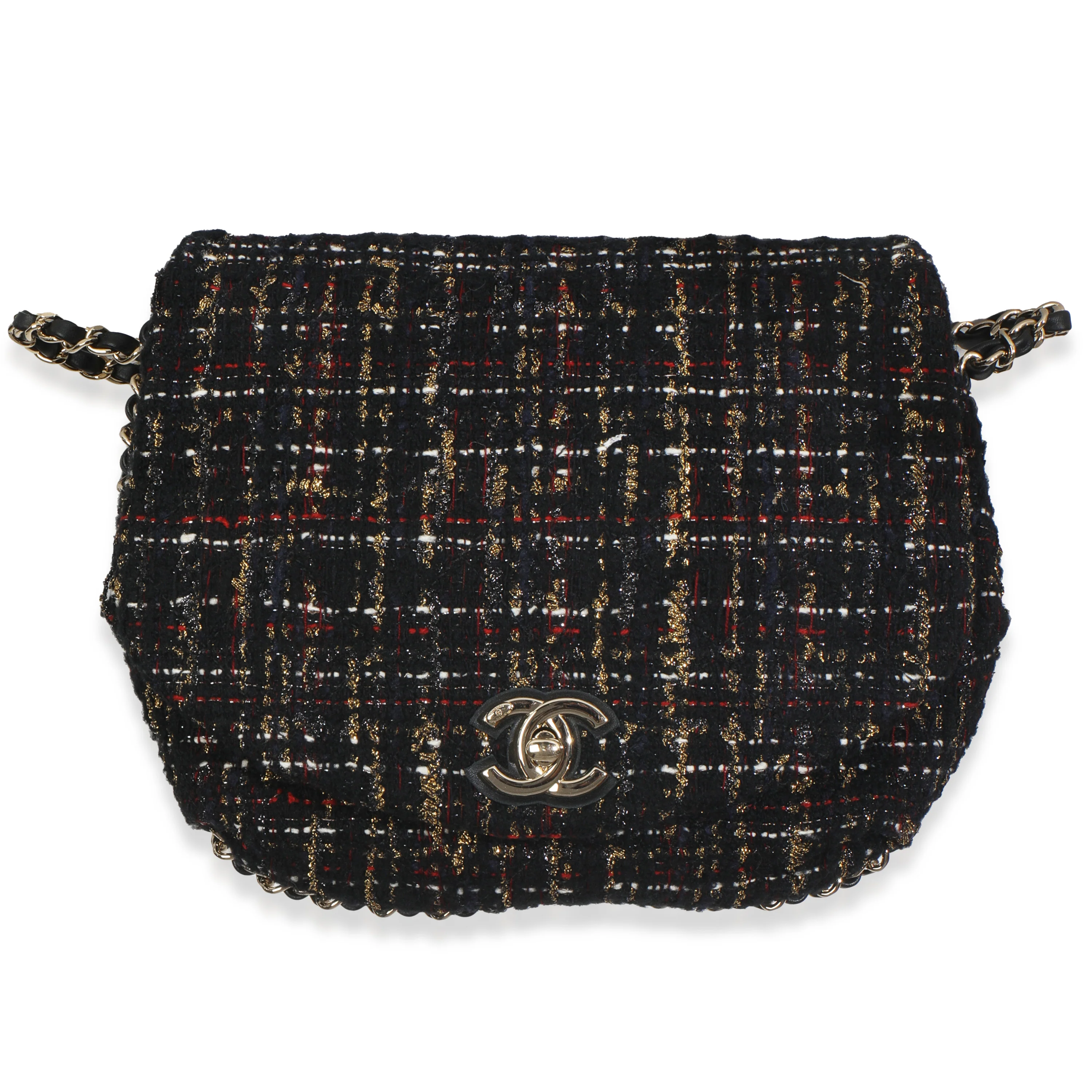 Gold Multicolor Tweed Small Chain Around Saddle Flap Bag