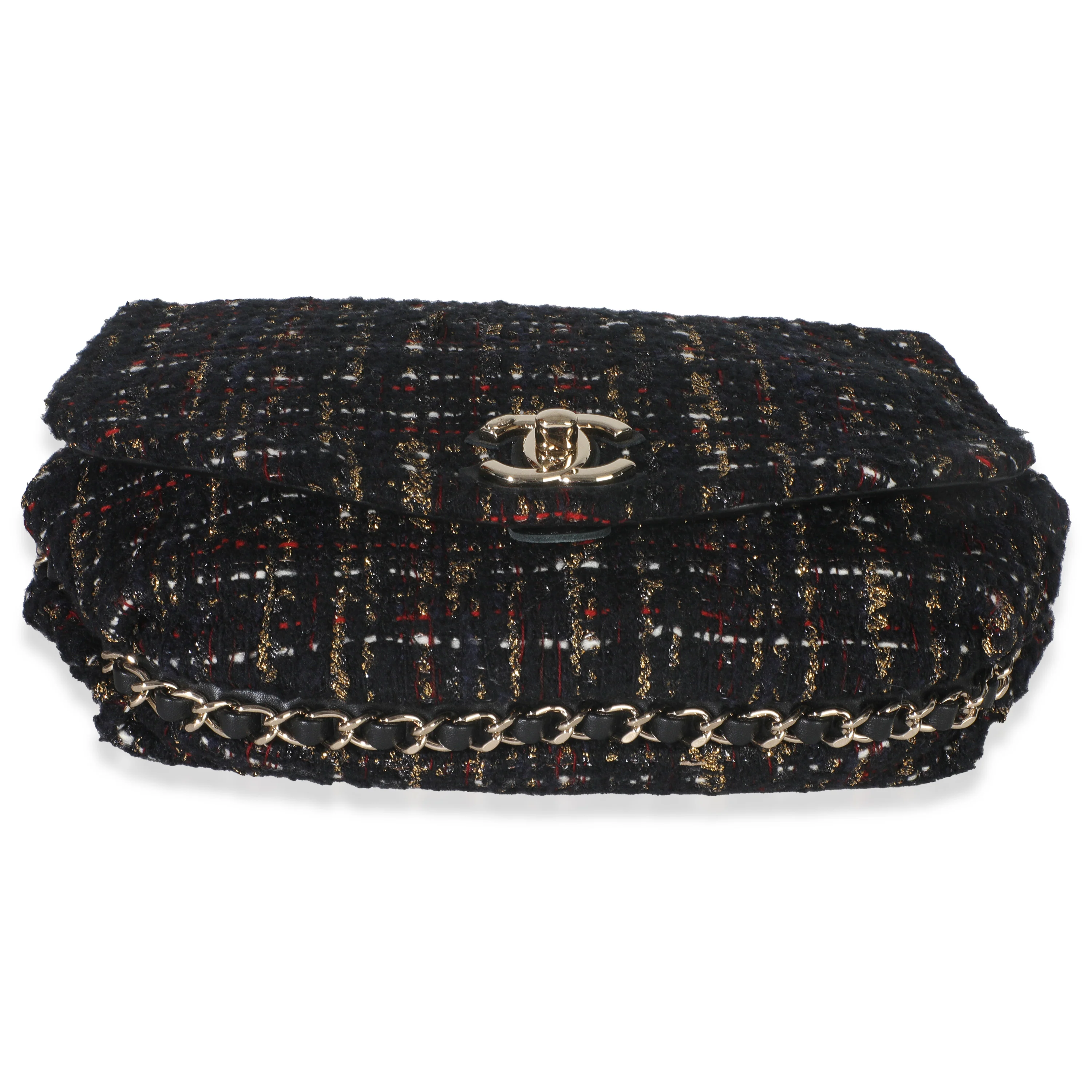 Gold Multicolor Tweed Small Chain Around Saddle Flap Bag - Image 5