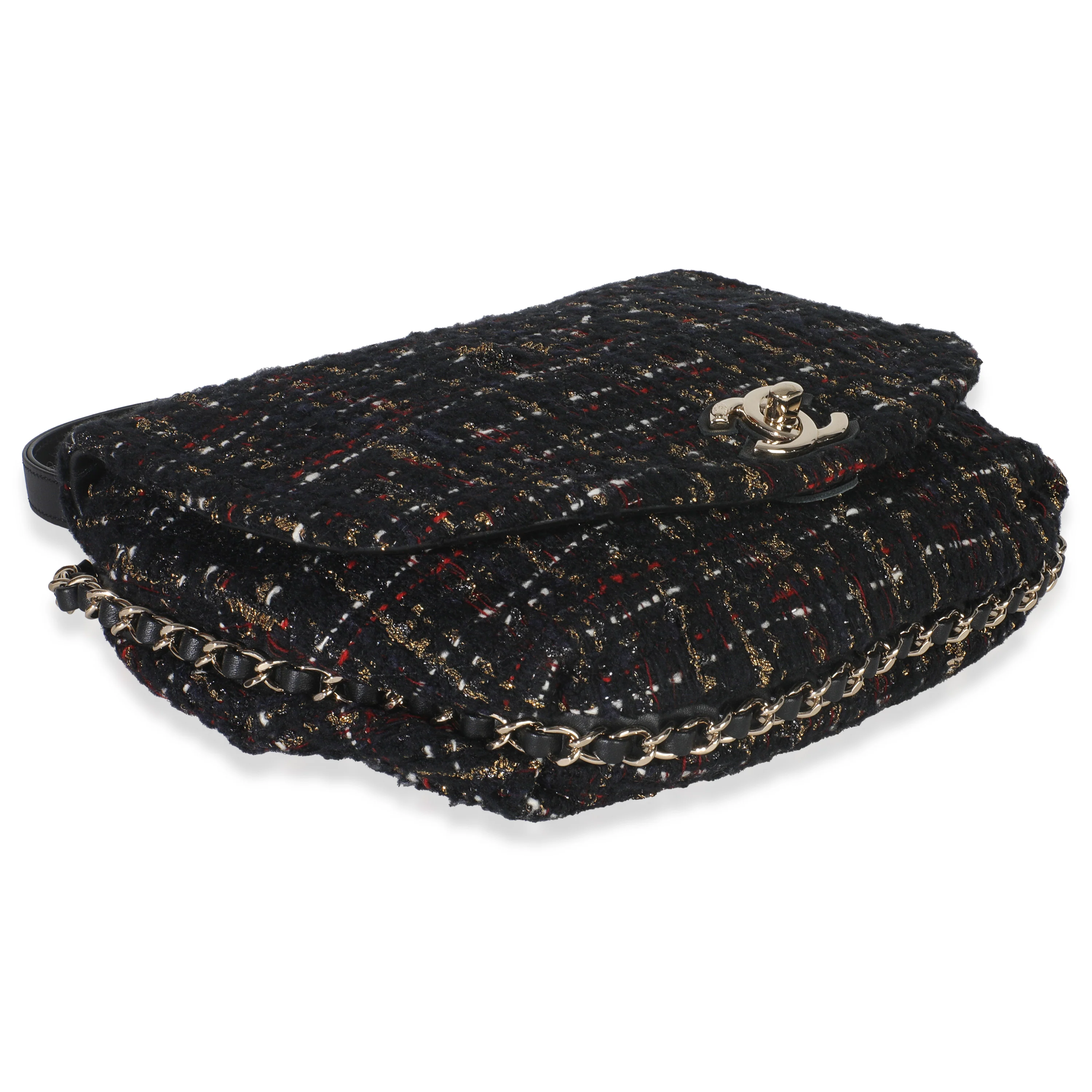Gold Multicolor Tweed Small Chain Around Saddle Flap Bag - Image 6
