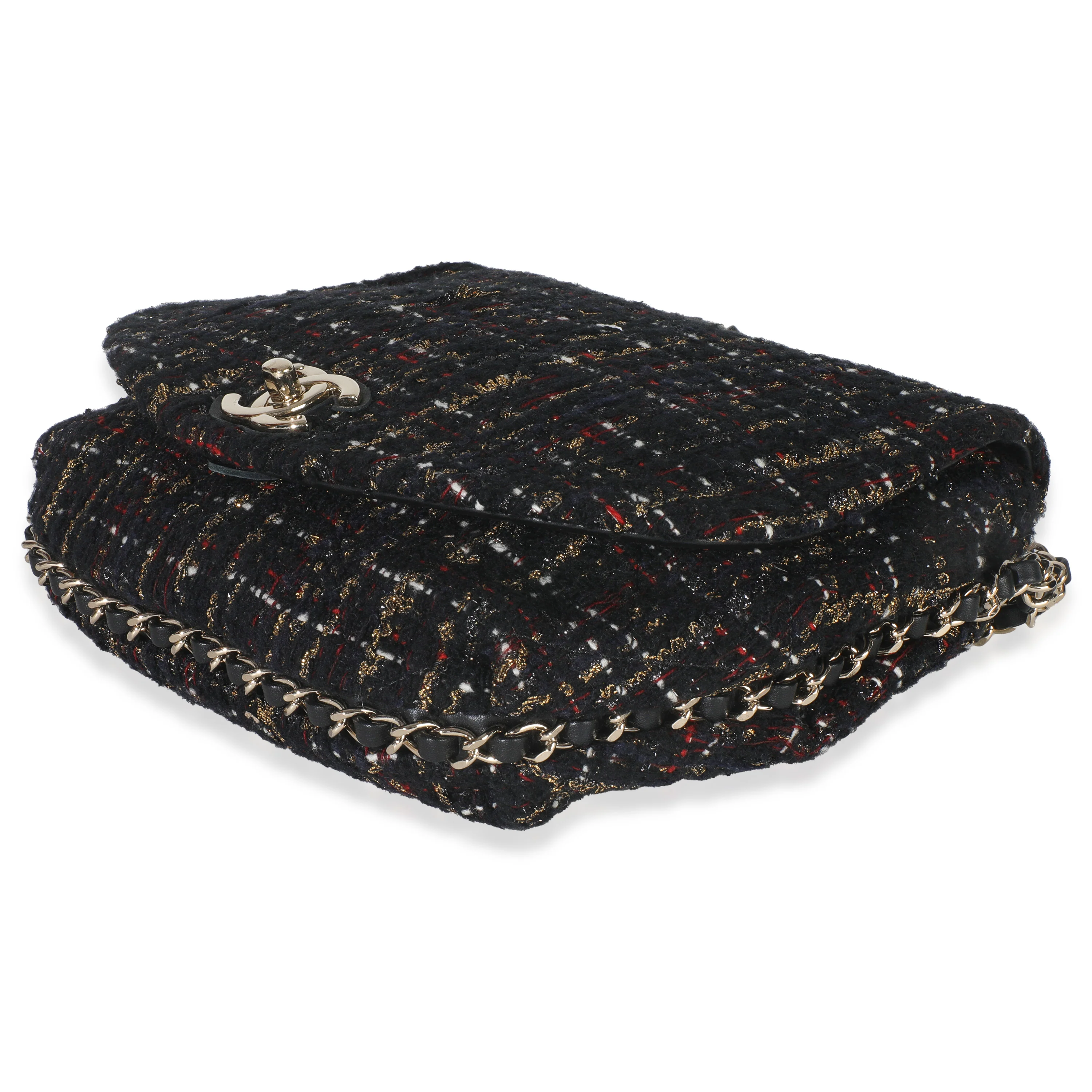 Gold Multicolor Tweed Small Chain Around Saddle Flap Bag - Image 7