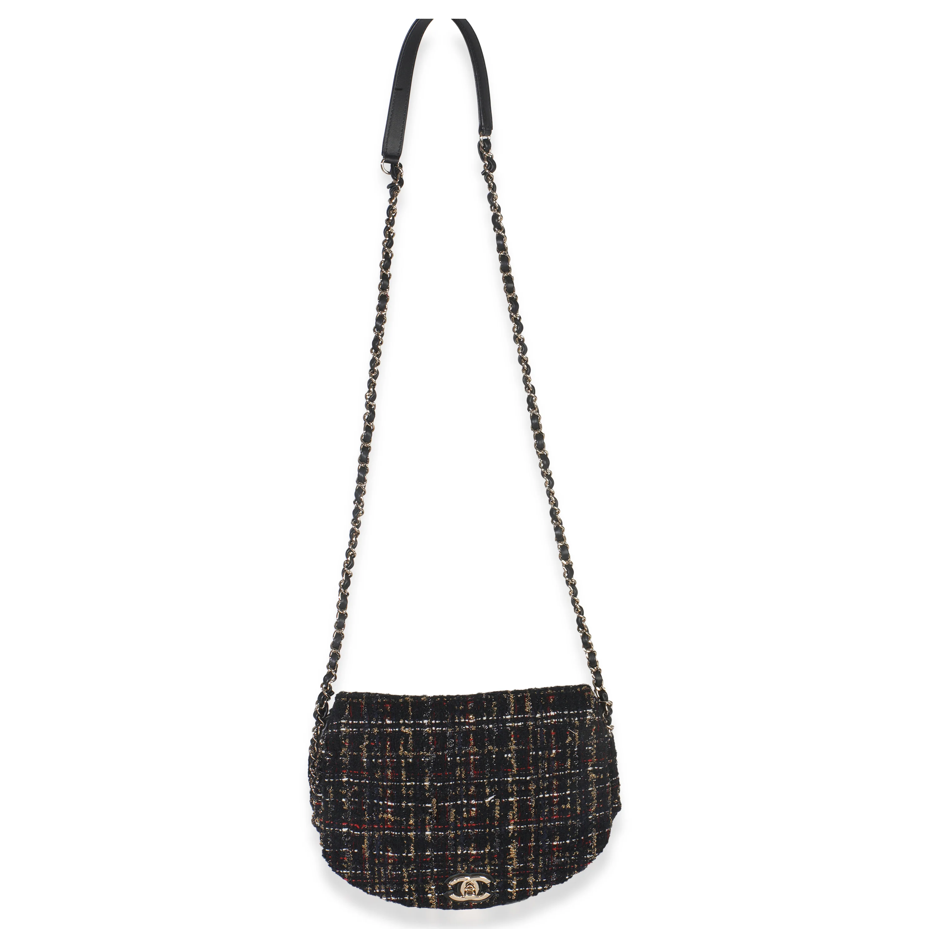 Gold Multicolor Tweed Small Chain Around Saddle Flap Bag - Image 8