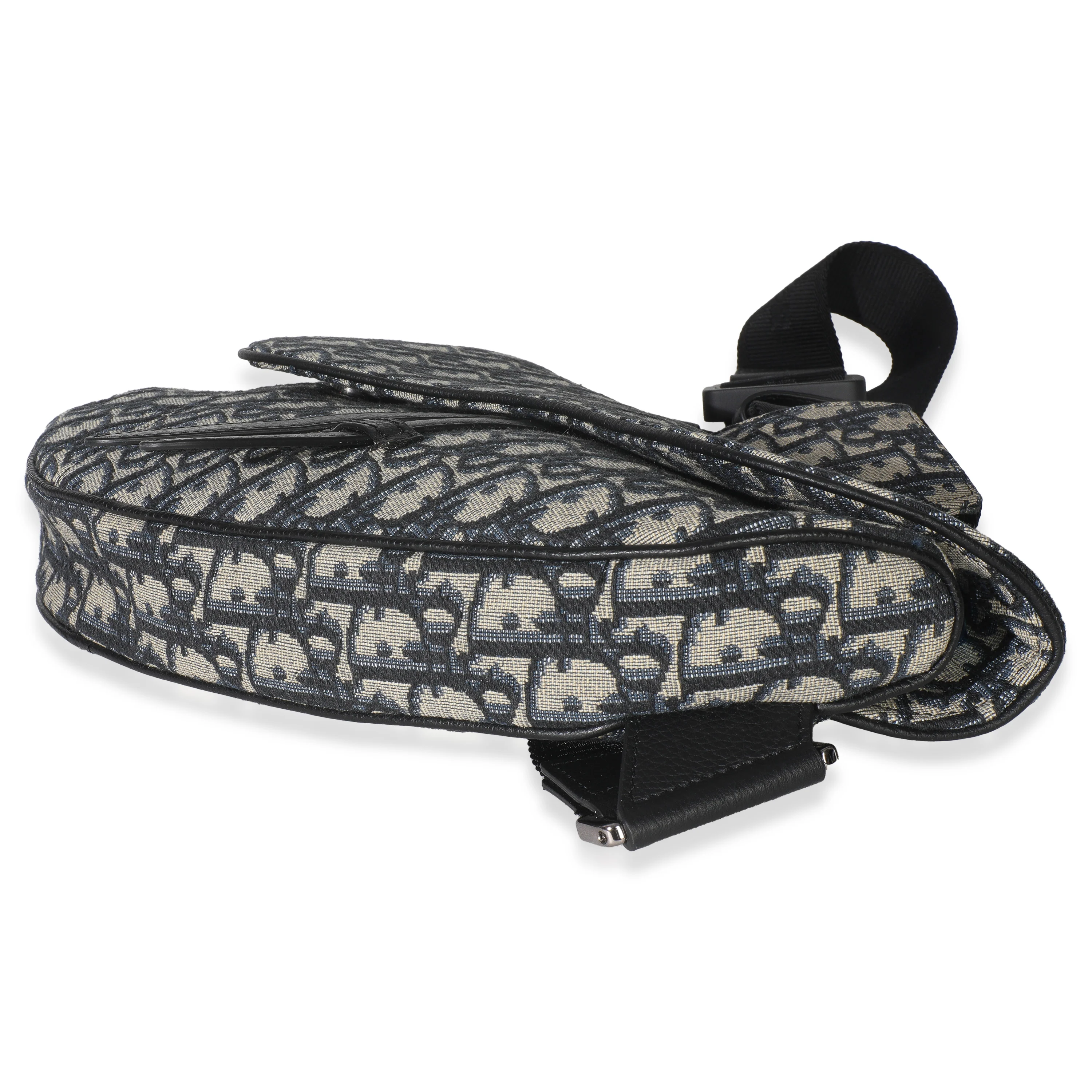 Beige Navy Jacquard Canvas Saddle Bag - Image 6