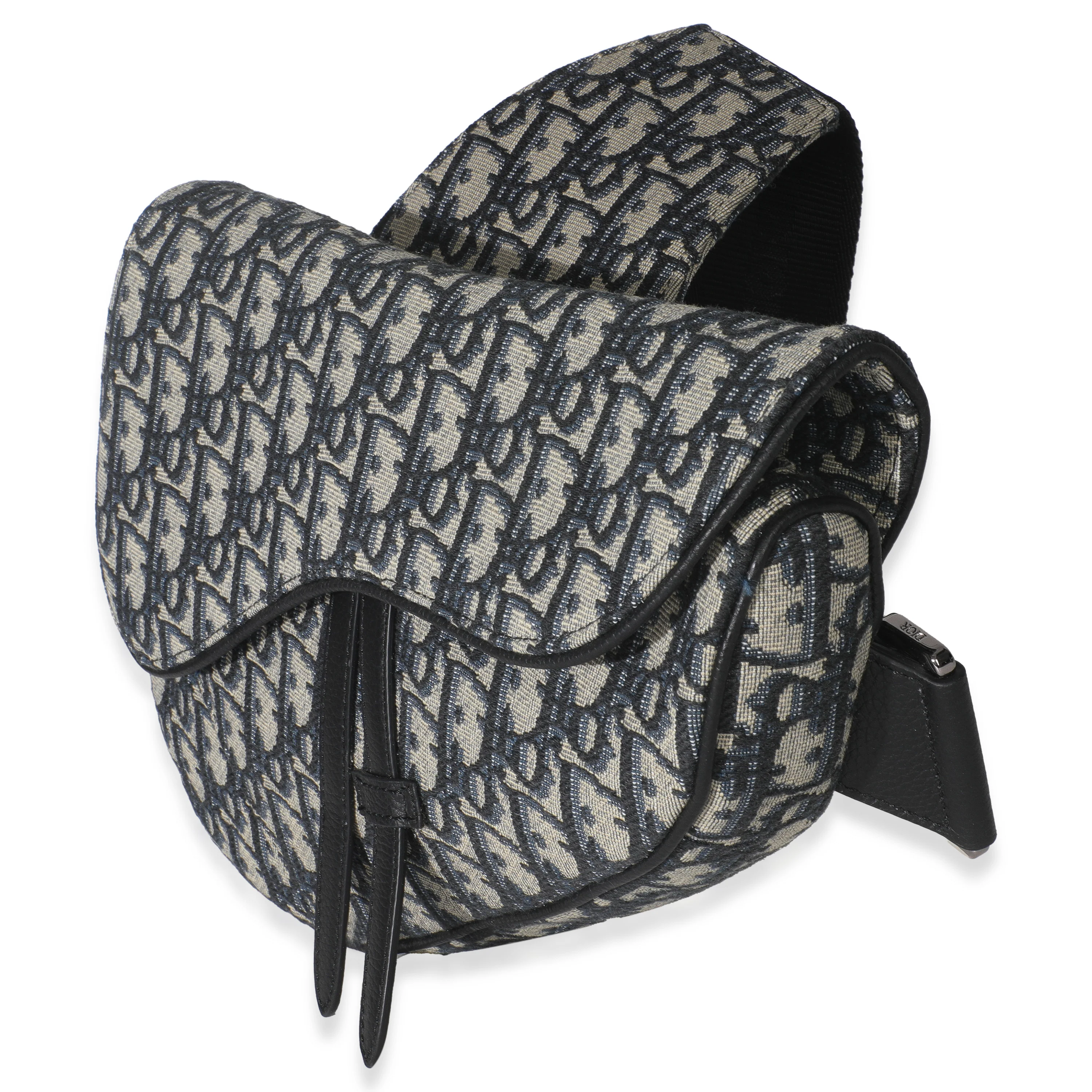 Beige Navy Jacquard Canvas Saddle Bag - Image 2