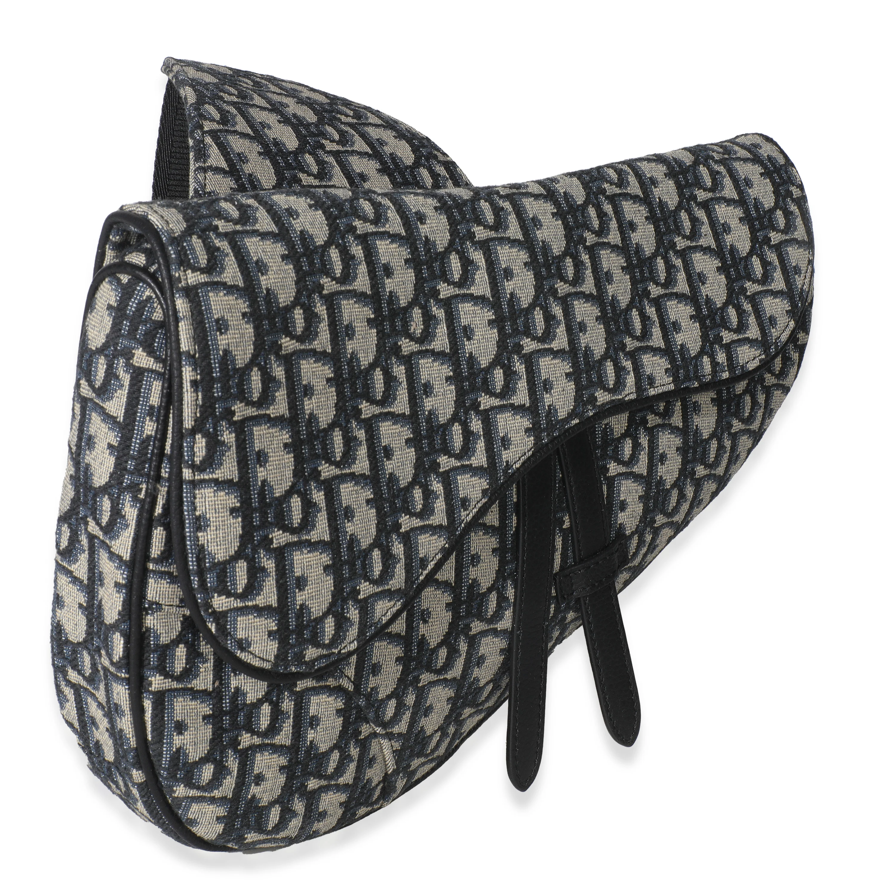 Beige Navy Jacquard Canvas Saddle Bag - Image 3