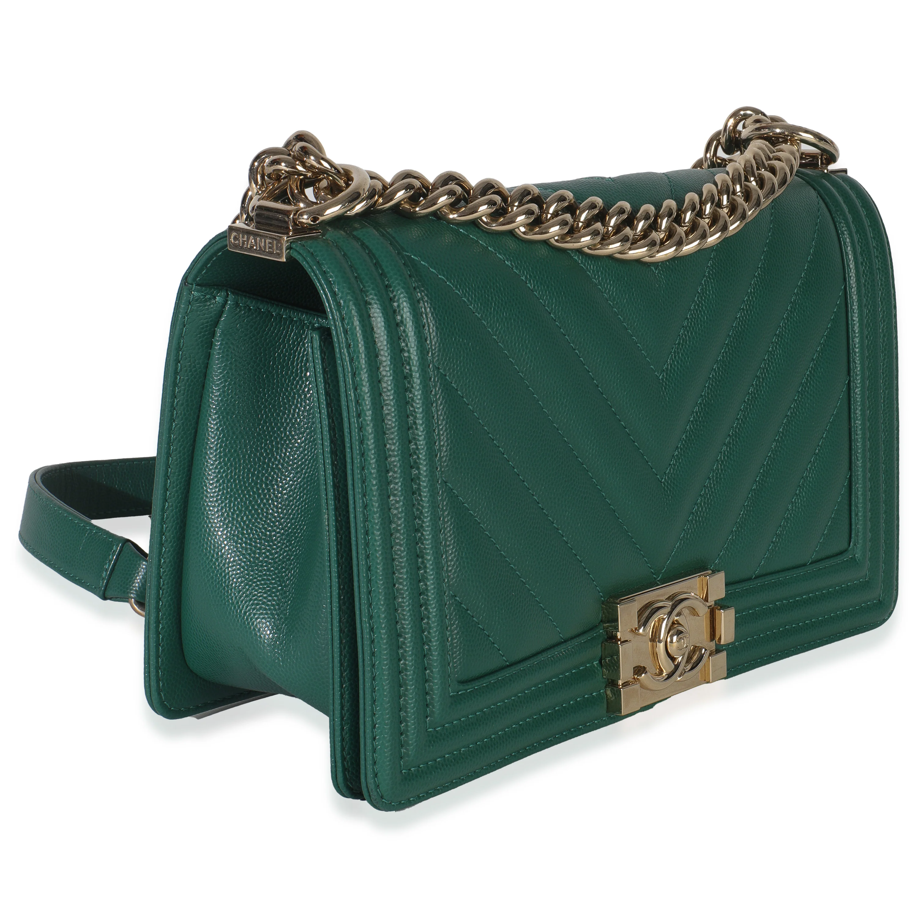 Dark Green Chevron Caviar Old Medium Boy Handbag - Image 3