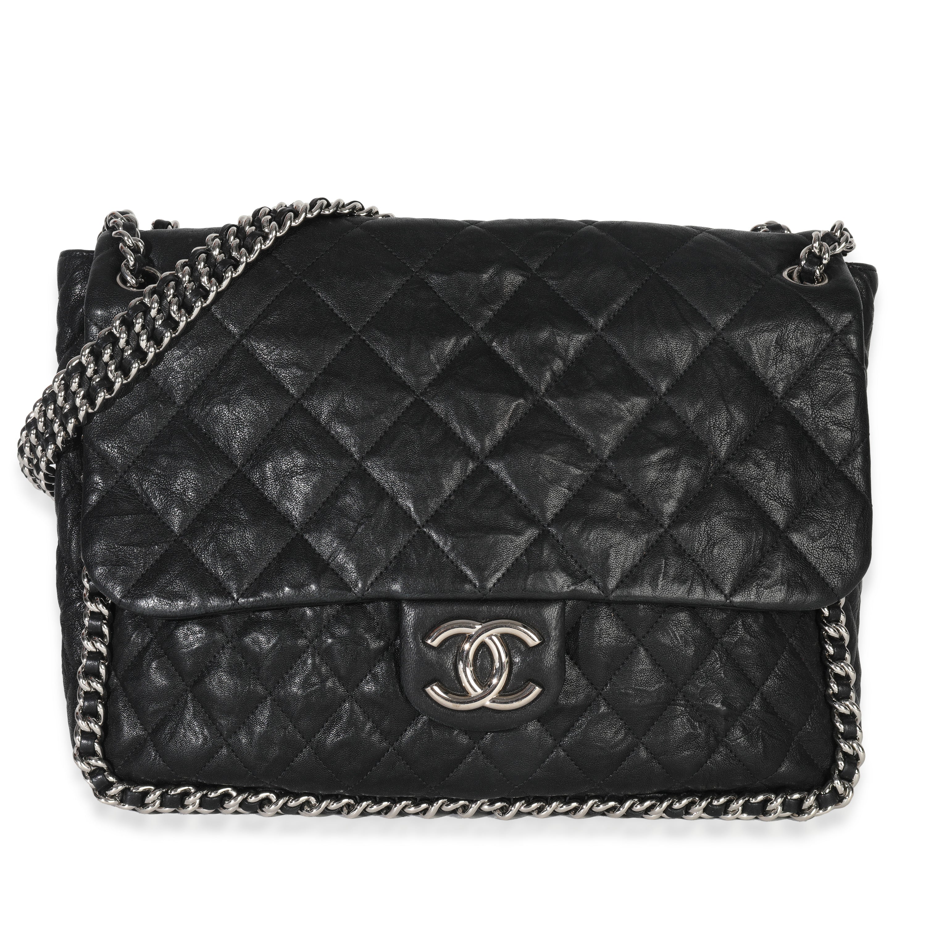 Black Quilted Washed Lambskin Chain Around Maxi Flap Bag
