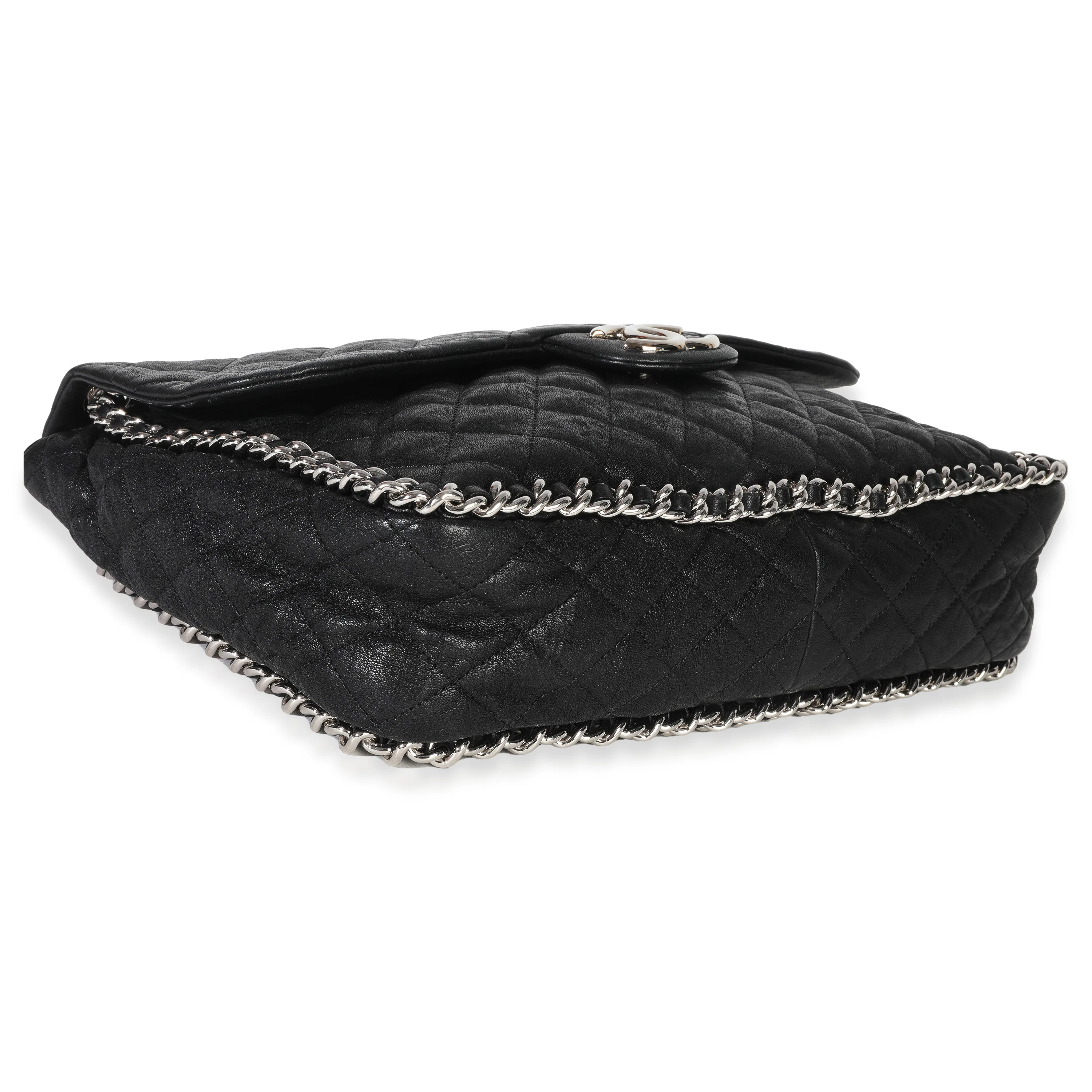 Black Quilted Washed Lambskin Chain Around Maxi Flap Bag - Image 6