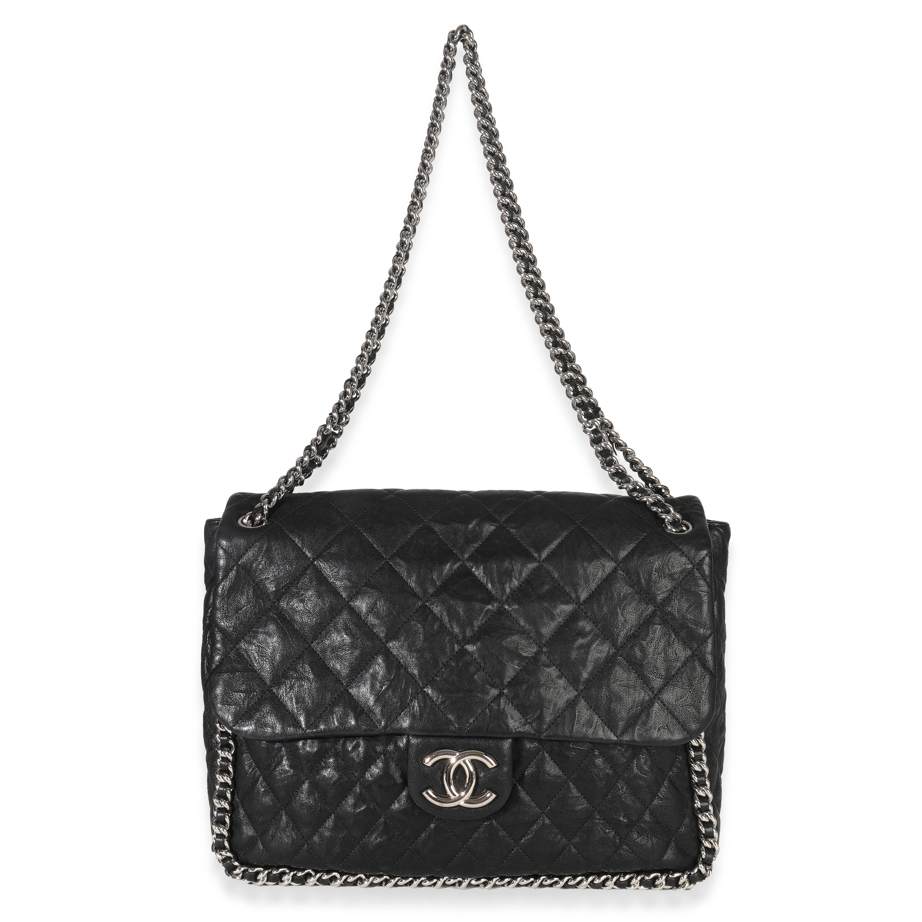 Black Quilted Washed Lambskin Chain Around Maxi Flap Bag - Image 8