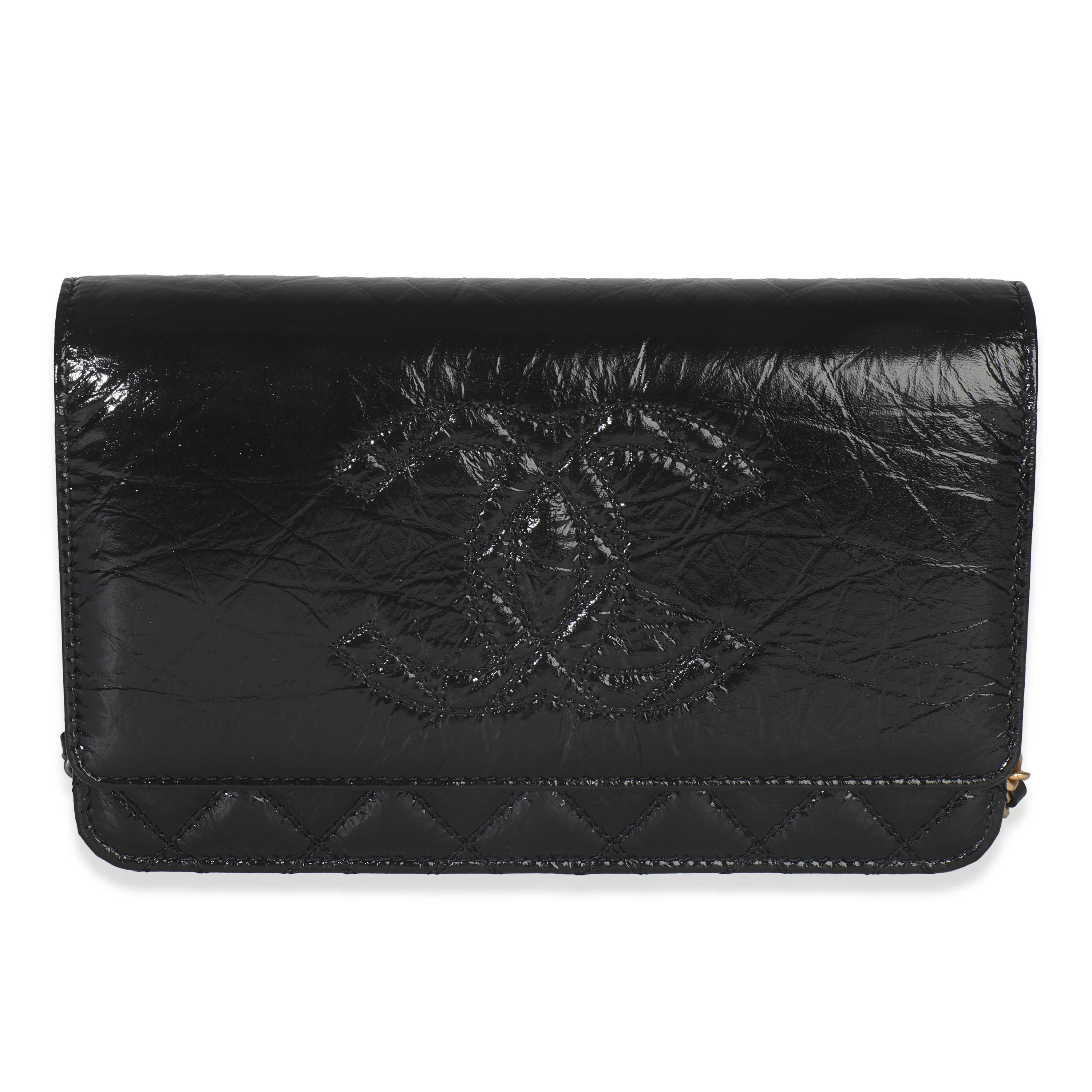 Black Shiny Aged Calfskin Timeless CC Wallet On Chain