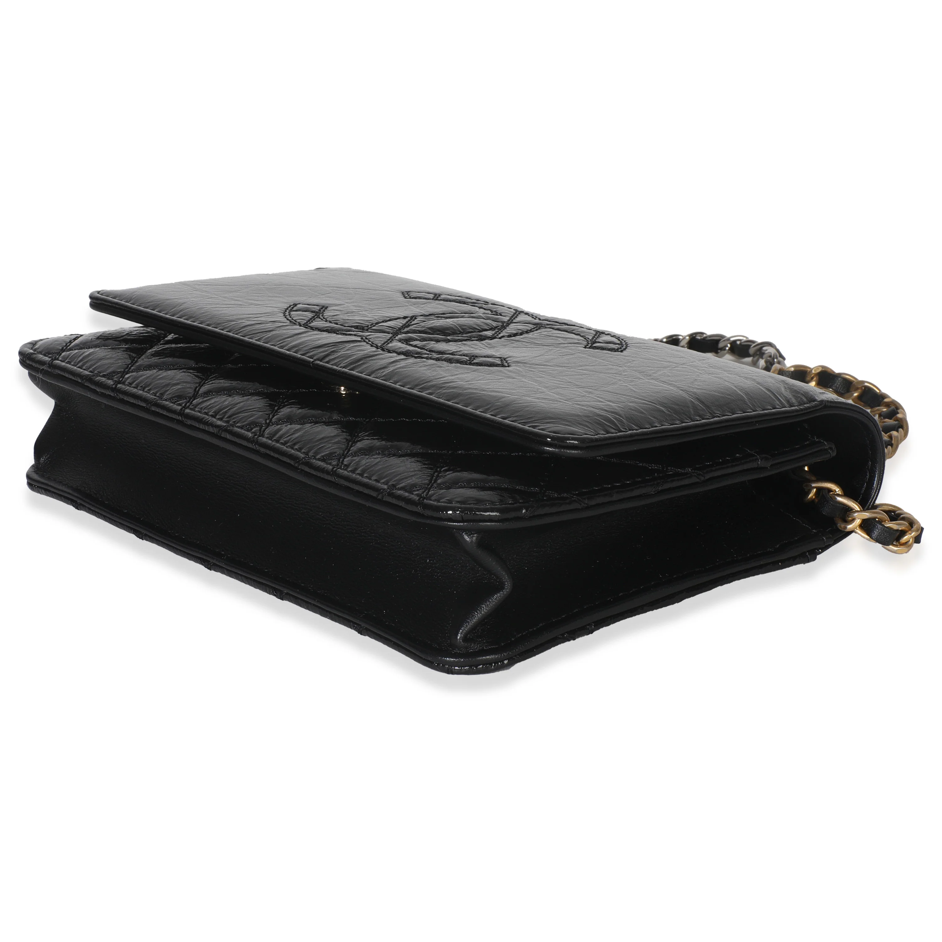 Black Shiny Aged Calfskin Timeless CC Wallet On Chain - Image 2
