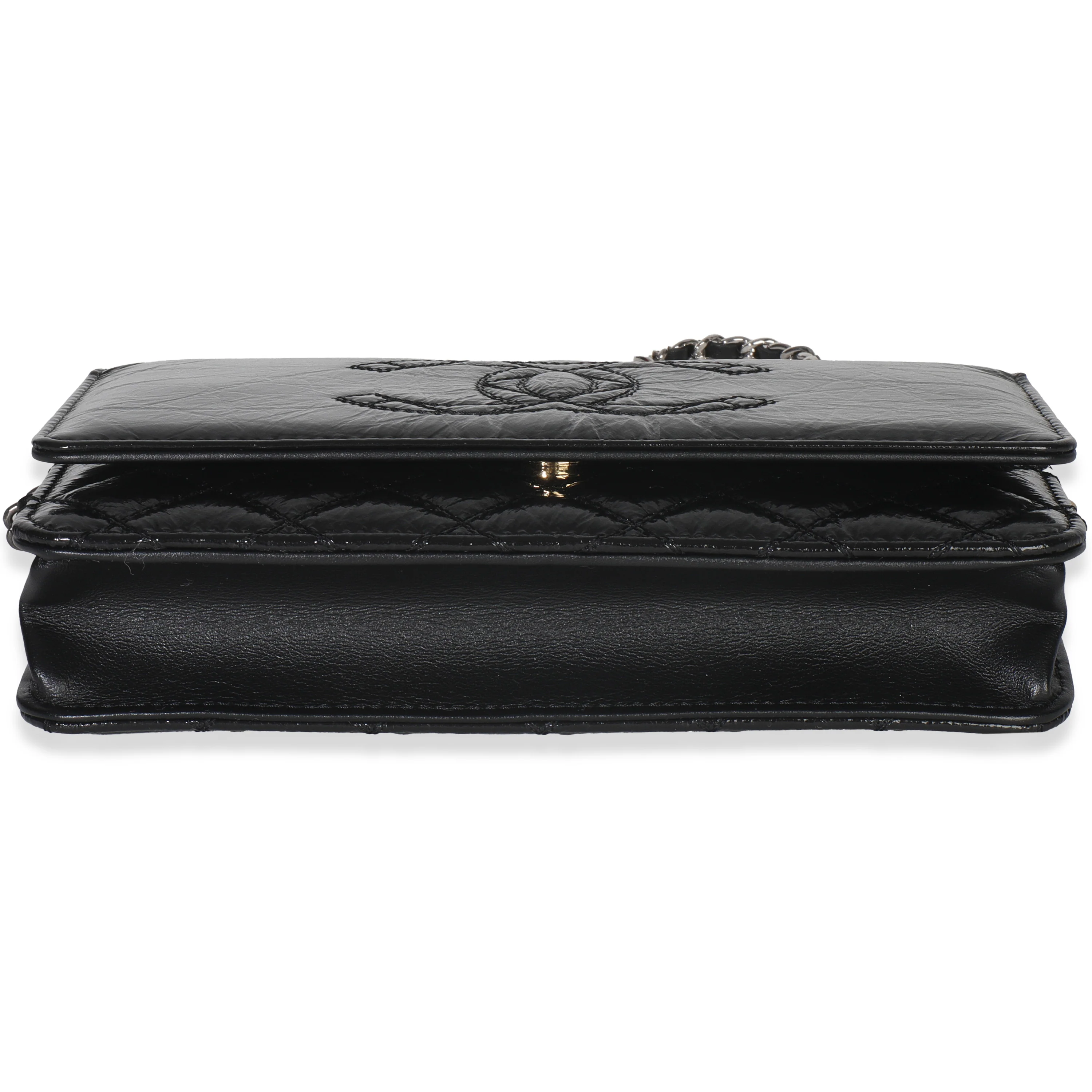Black Shiny Aged Calfskin Timeless CC Wallet On Chain - Image 6