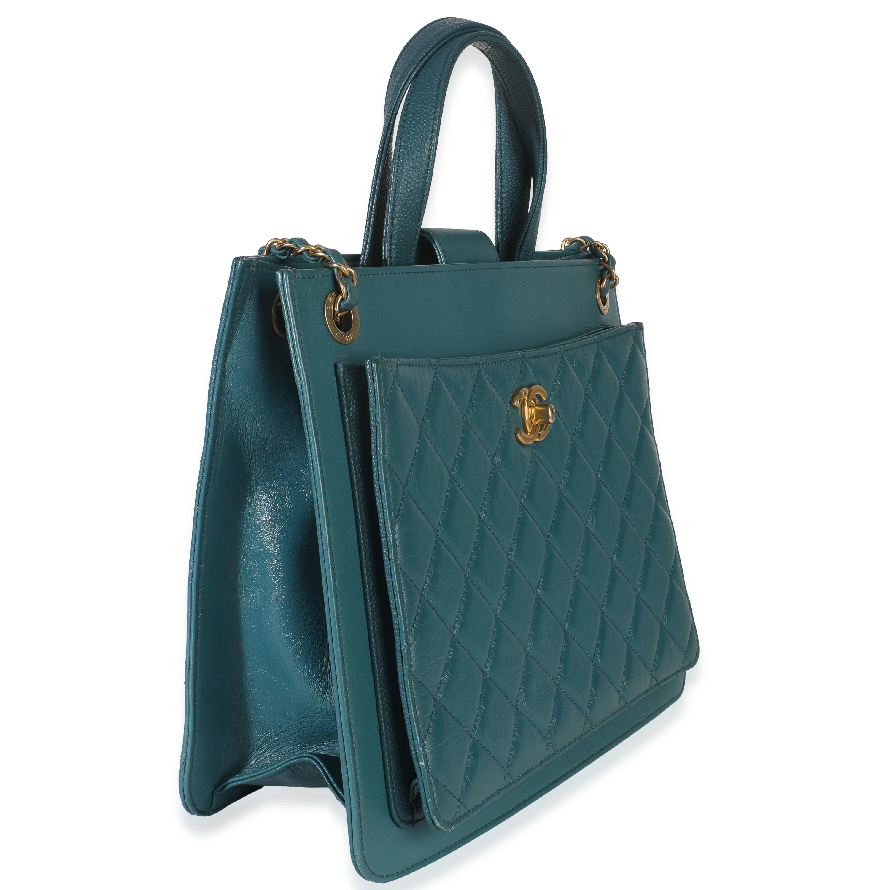 Teal Quilted Calfskin Large Business Affinity Shopping Bag - Image 3