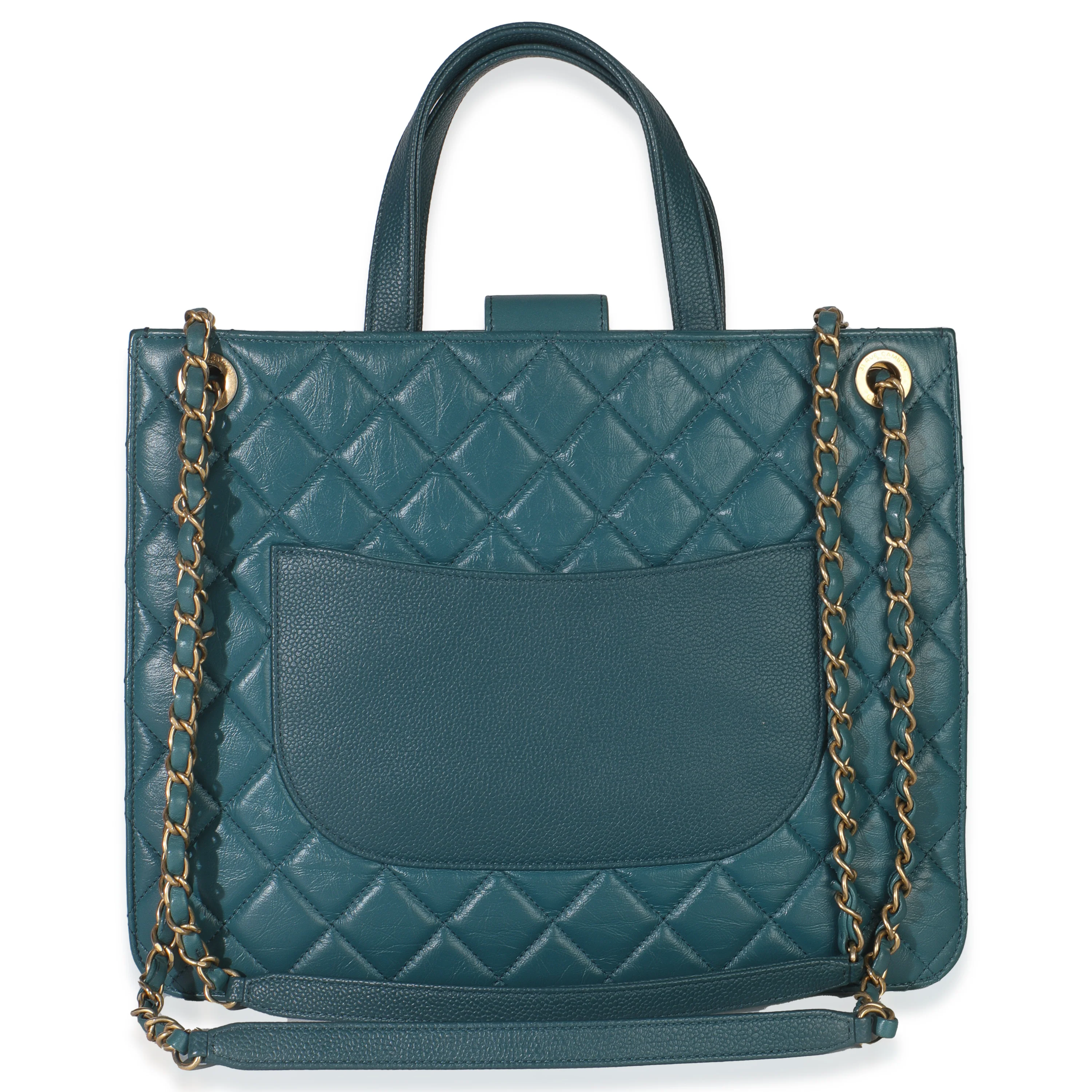 Teal Quilted Calfskin Large Business Affinity Shopping Bag - Image 4