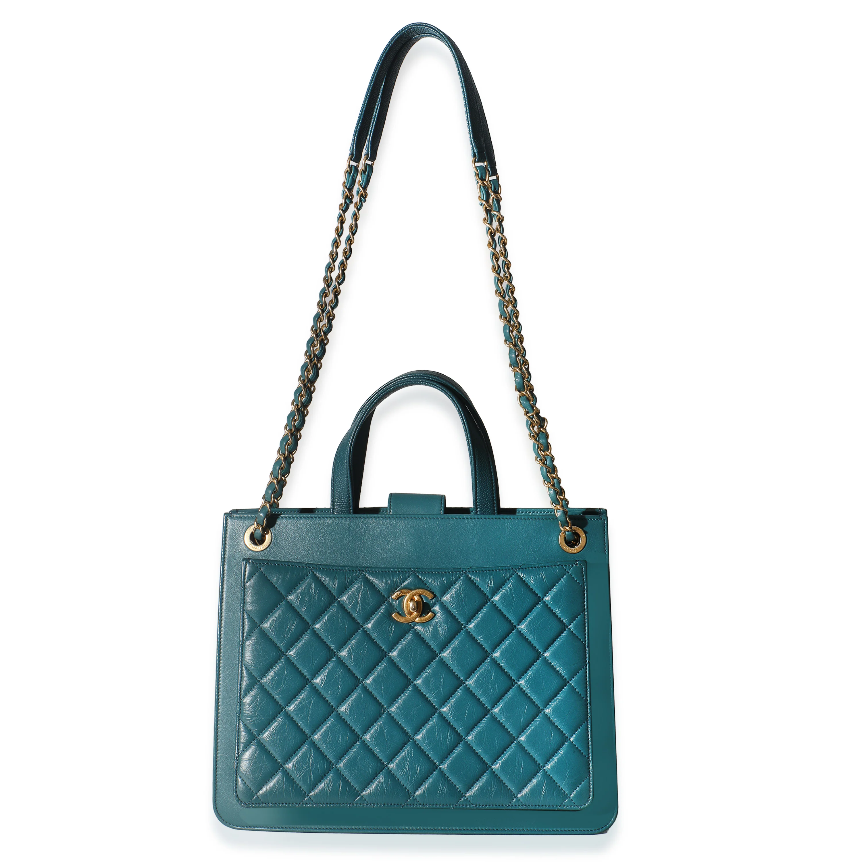 Teal Quilted Calfskin Large Business Affinity Shopping Bag - Image 8