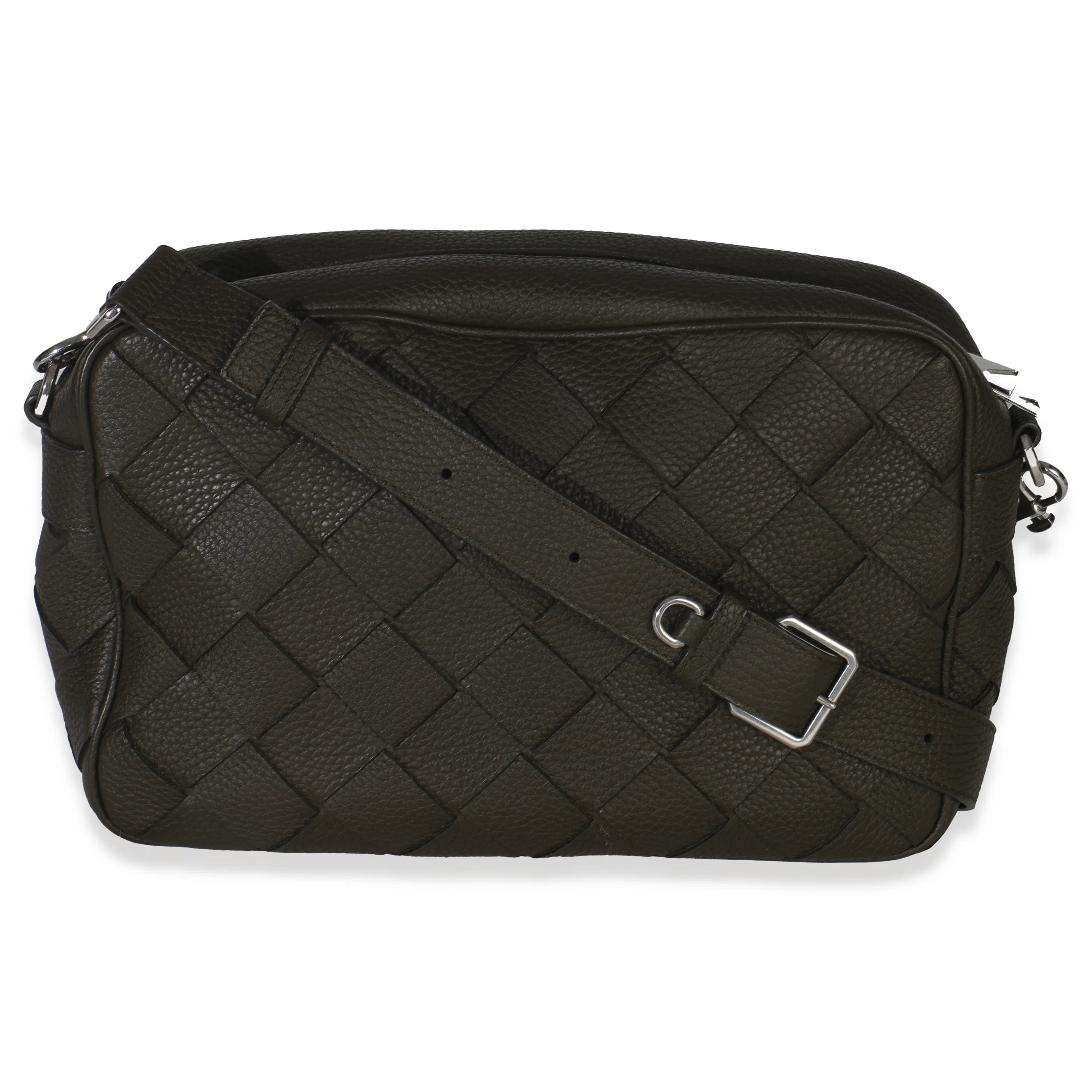 Kaki Grained Leather Medium Intrecciato Camera Bag - Image 3