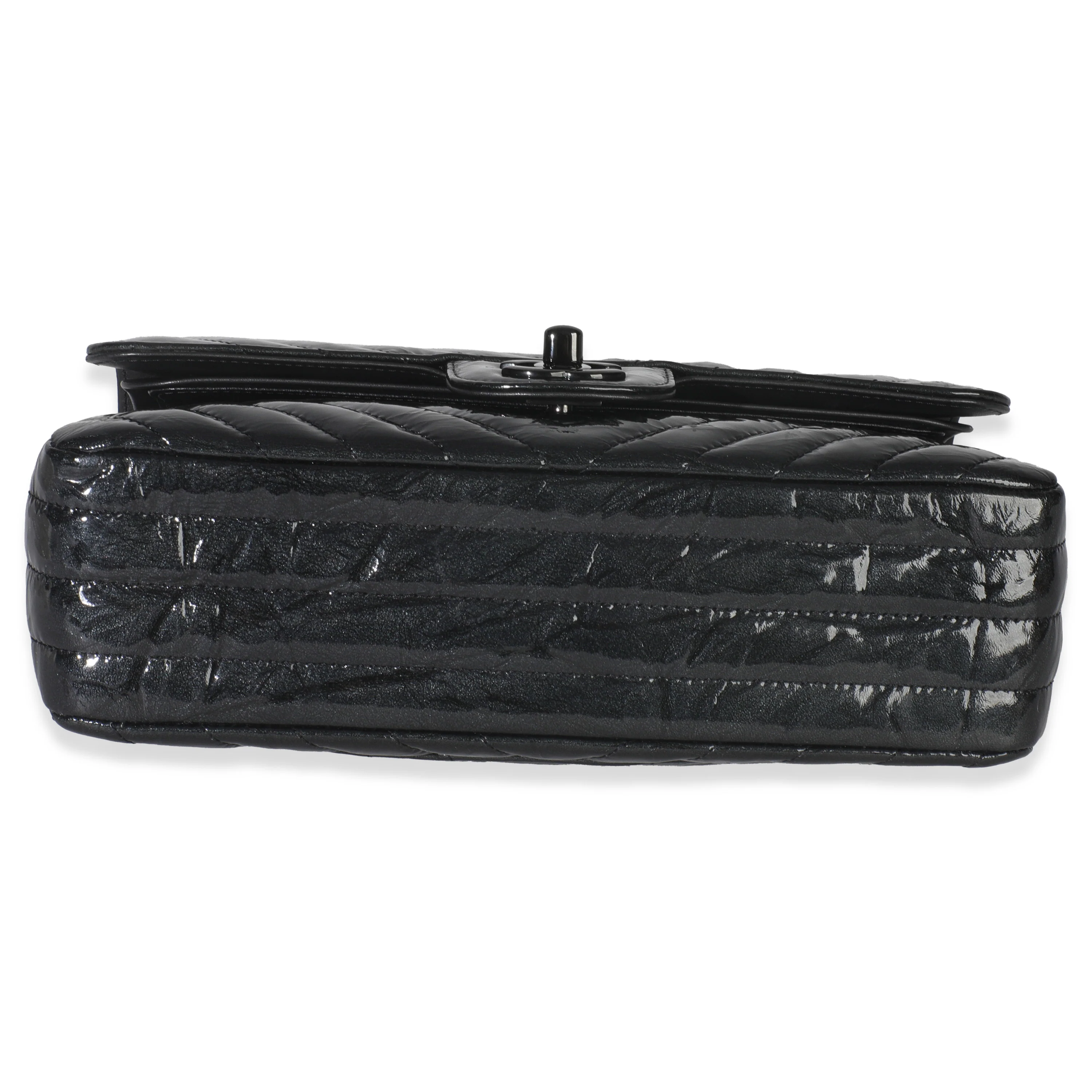 Black Metallic Chevron Crumpled Patent Small Classic Double Flap Bag - Image 5