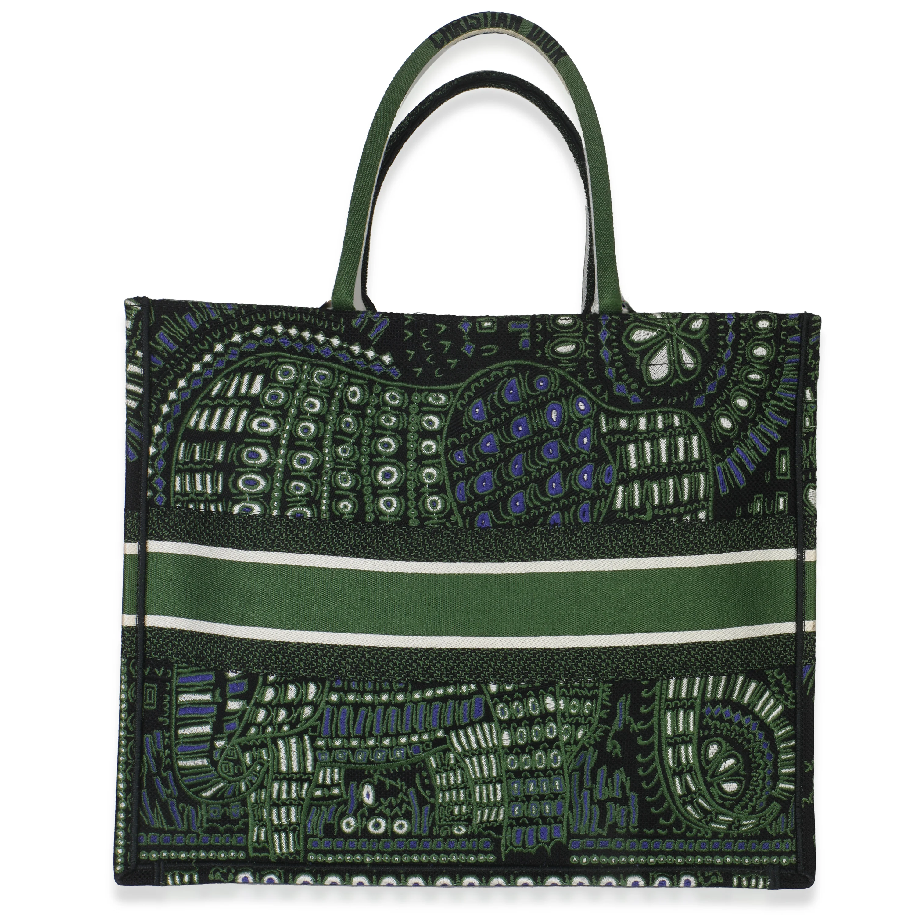 Green Canvas Embroidered Animals Elephant Large Book Tote - Image 4