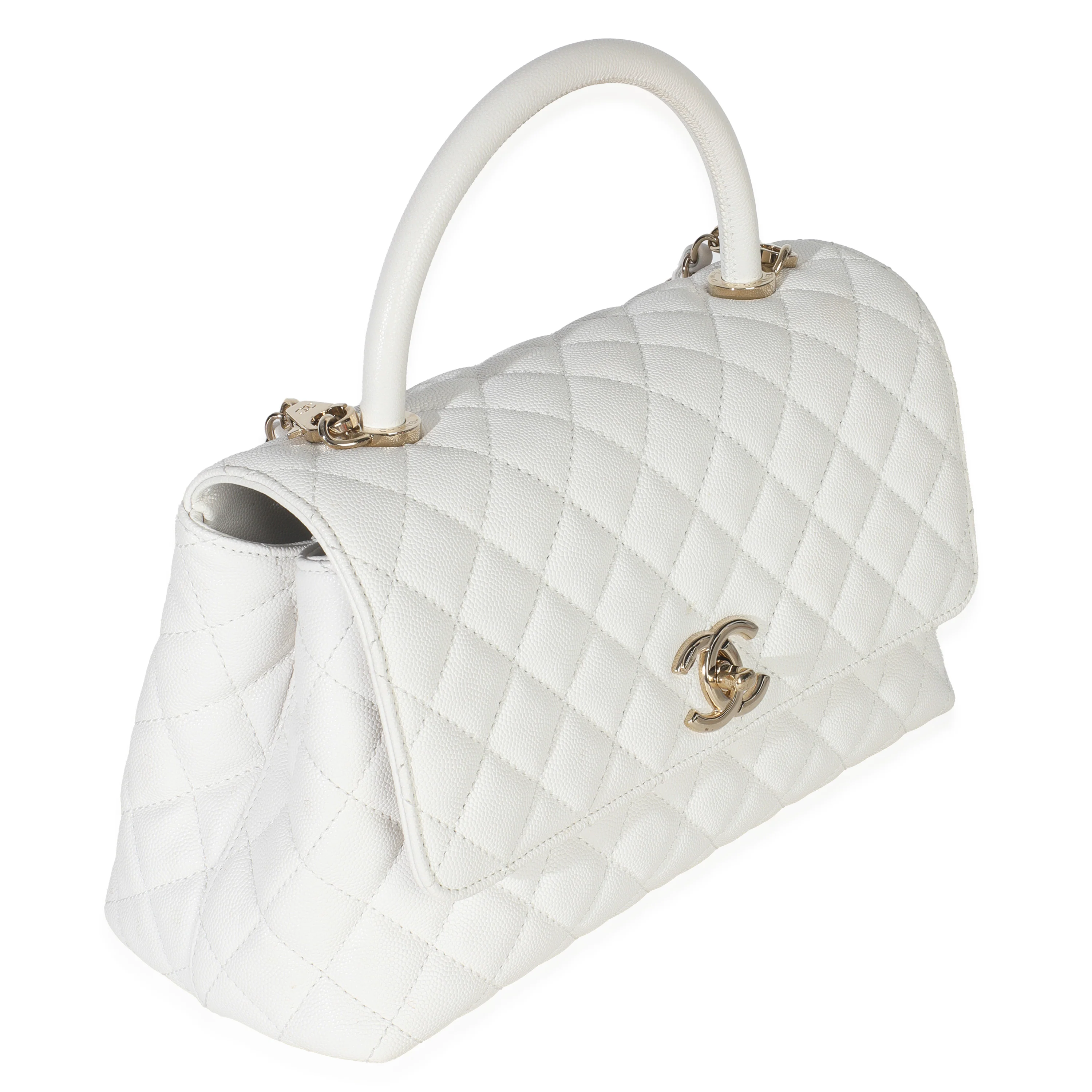 White Quilted Caviar Medium Coco Top Handle Handbag - Image 3