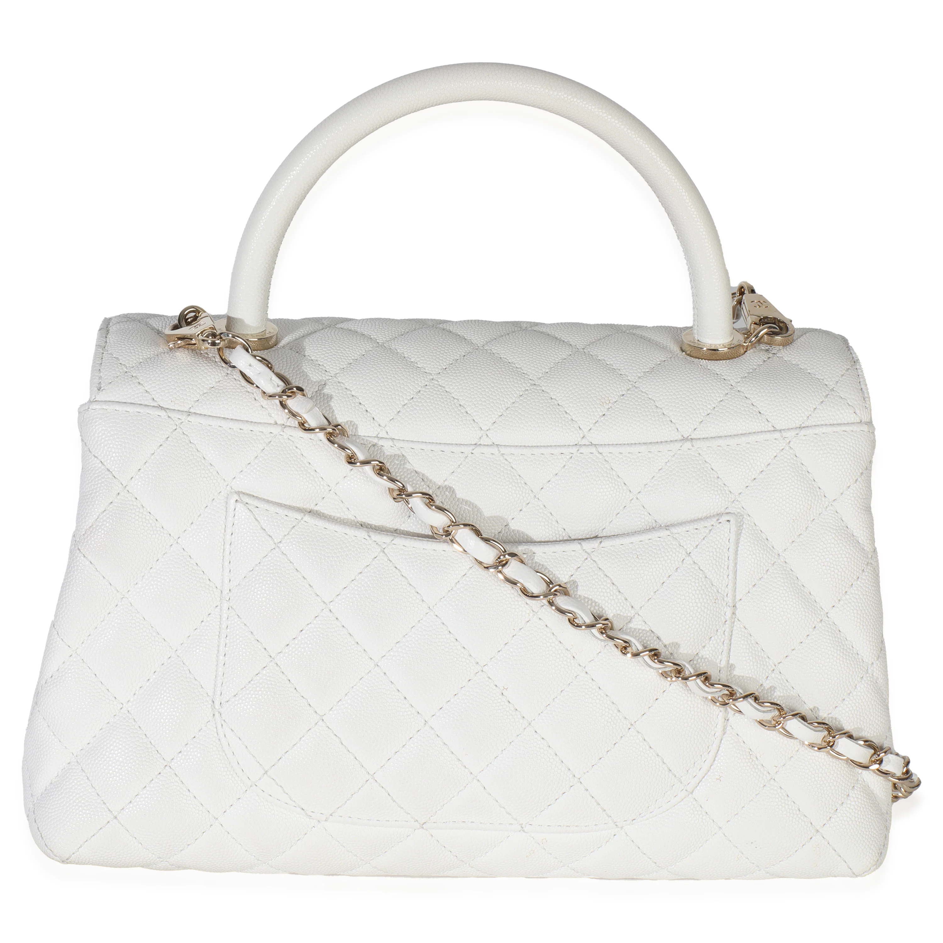 White Quilted Caviar Medium Coco Top Handle Handbag - Image 4