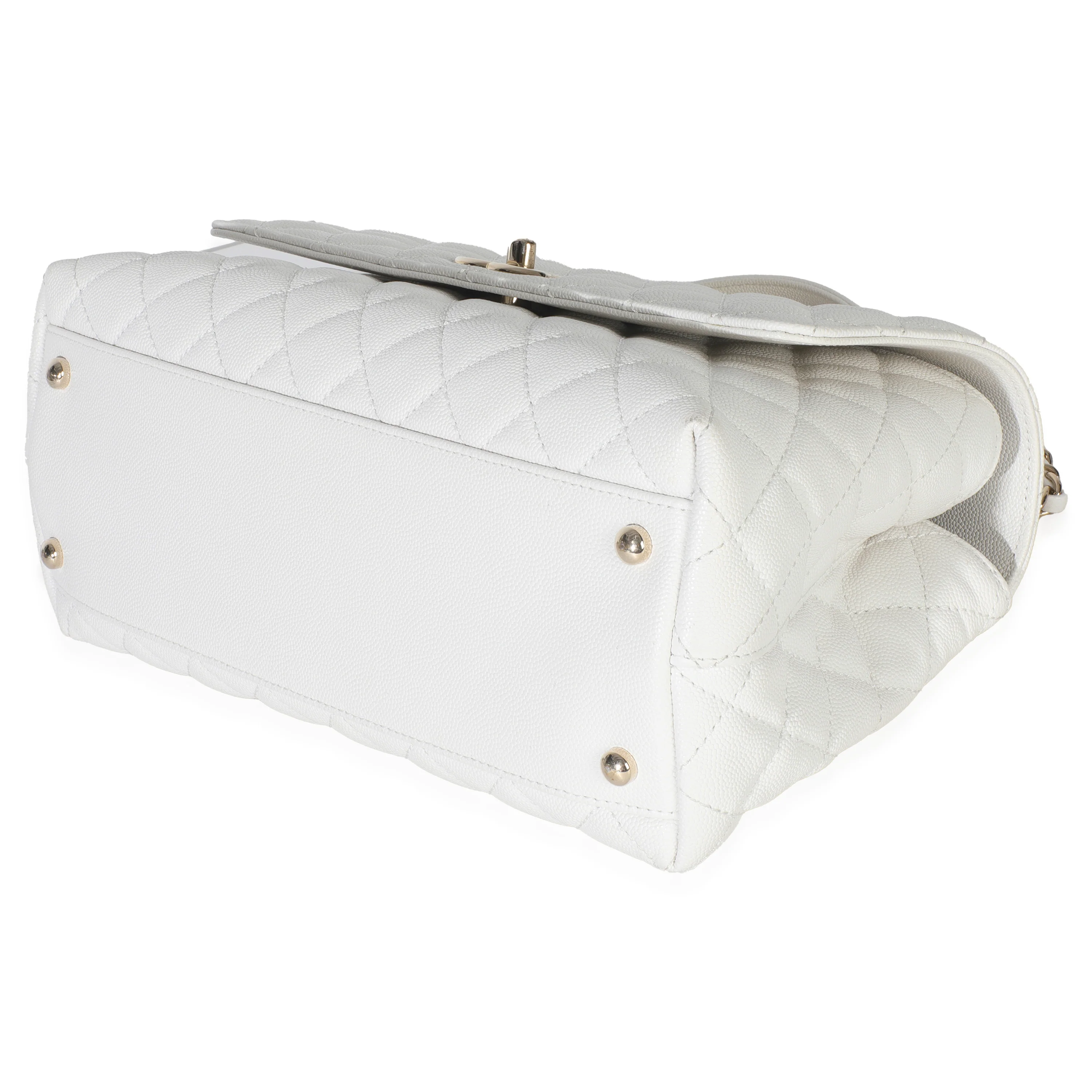 White Quilted Caviar Medium Coco Top Handle Handbag - Image 7