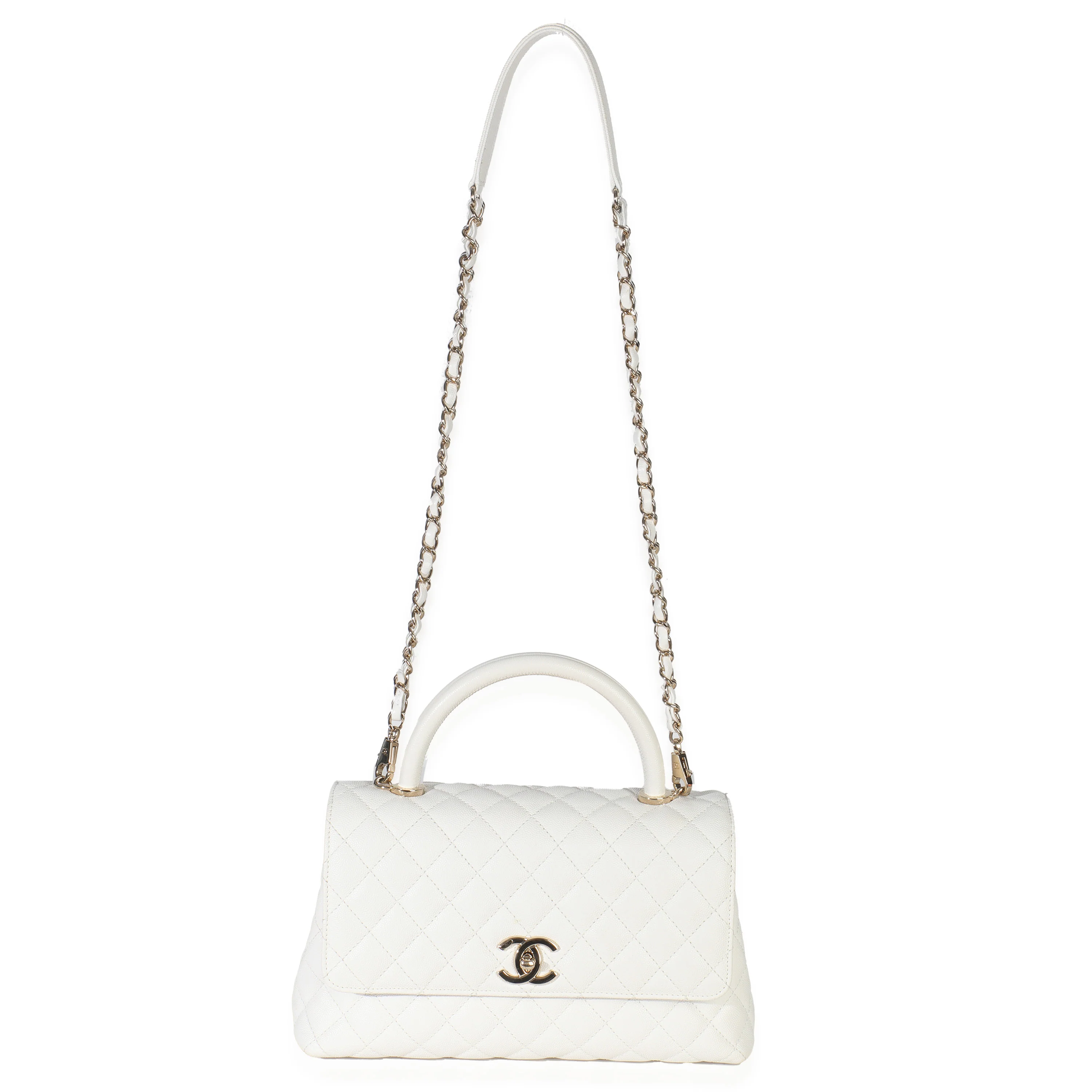 White Quilted Caviar Medium Coco Top Handle Handbag - Image 8