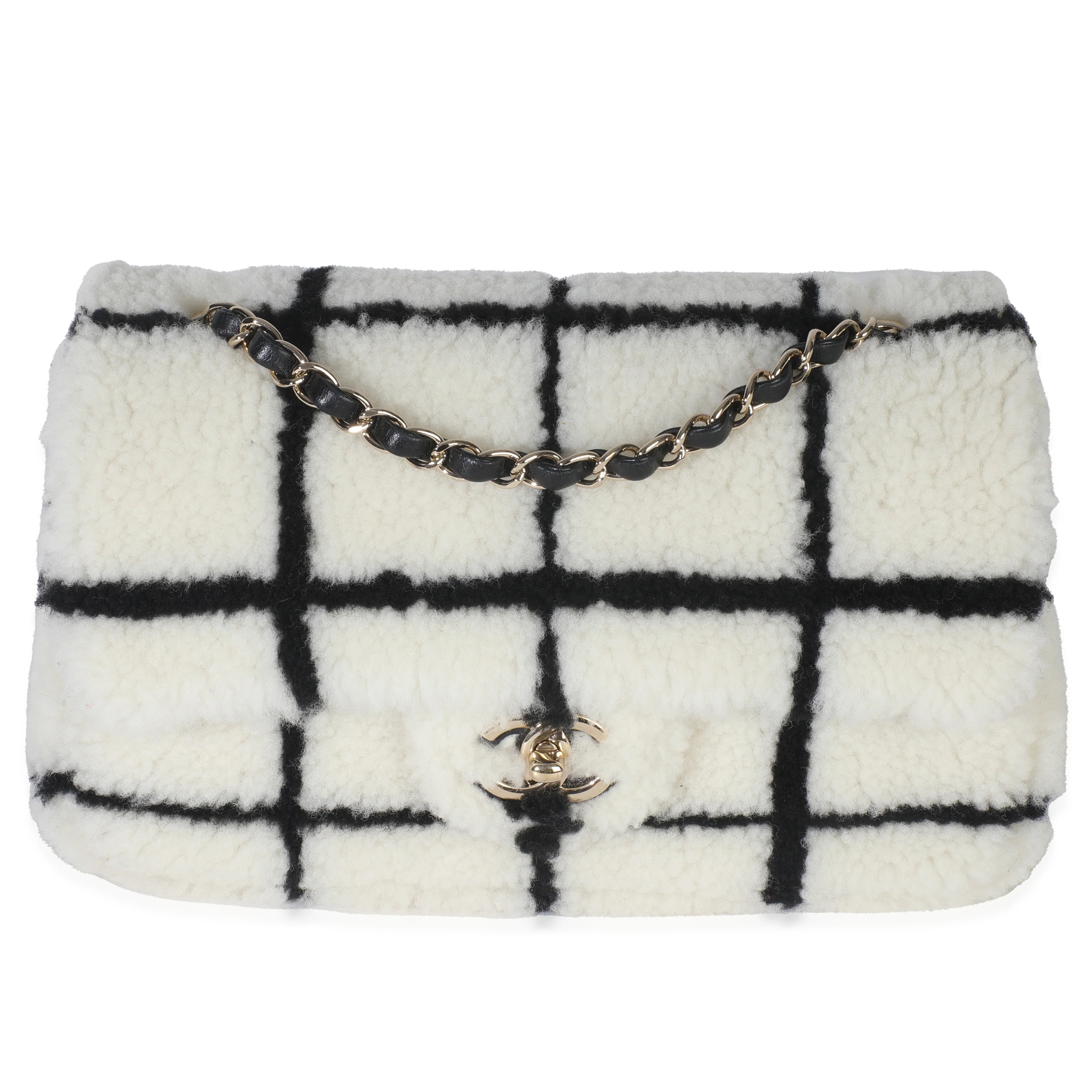 Black White CC Square Print Shearling Medium Flap Bag
