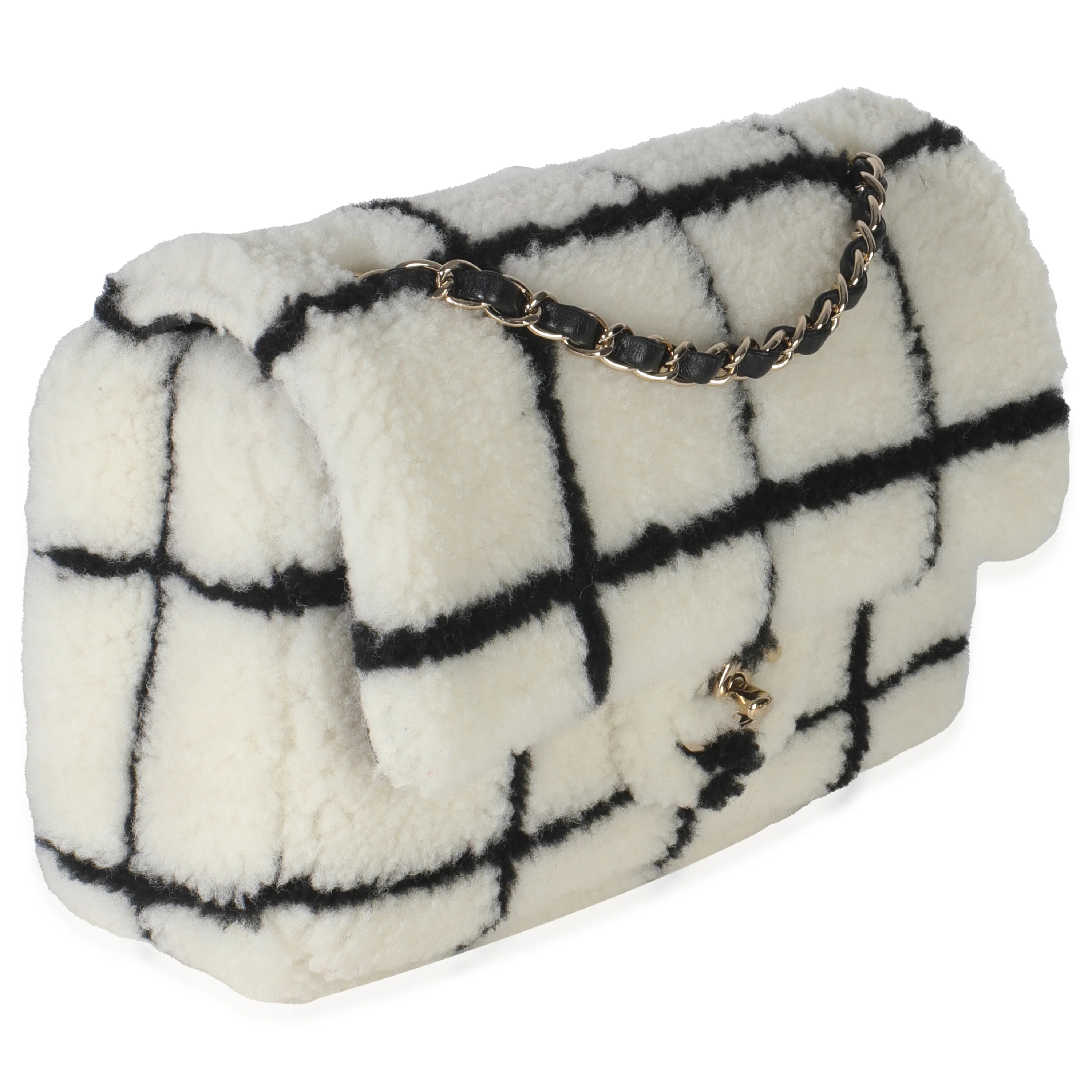 Black White CC Square Print Shearling Medium Flap Bag - Image 2