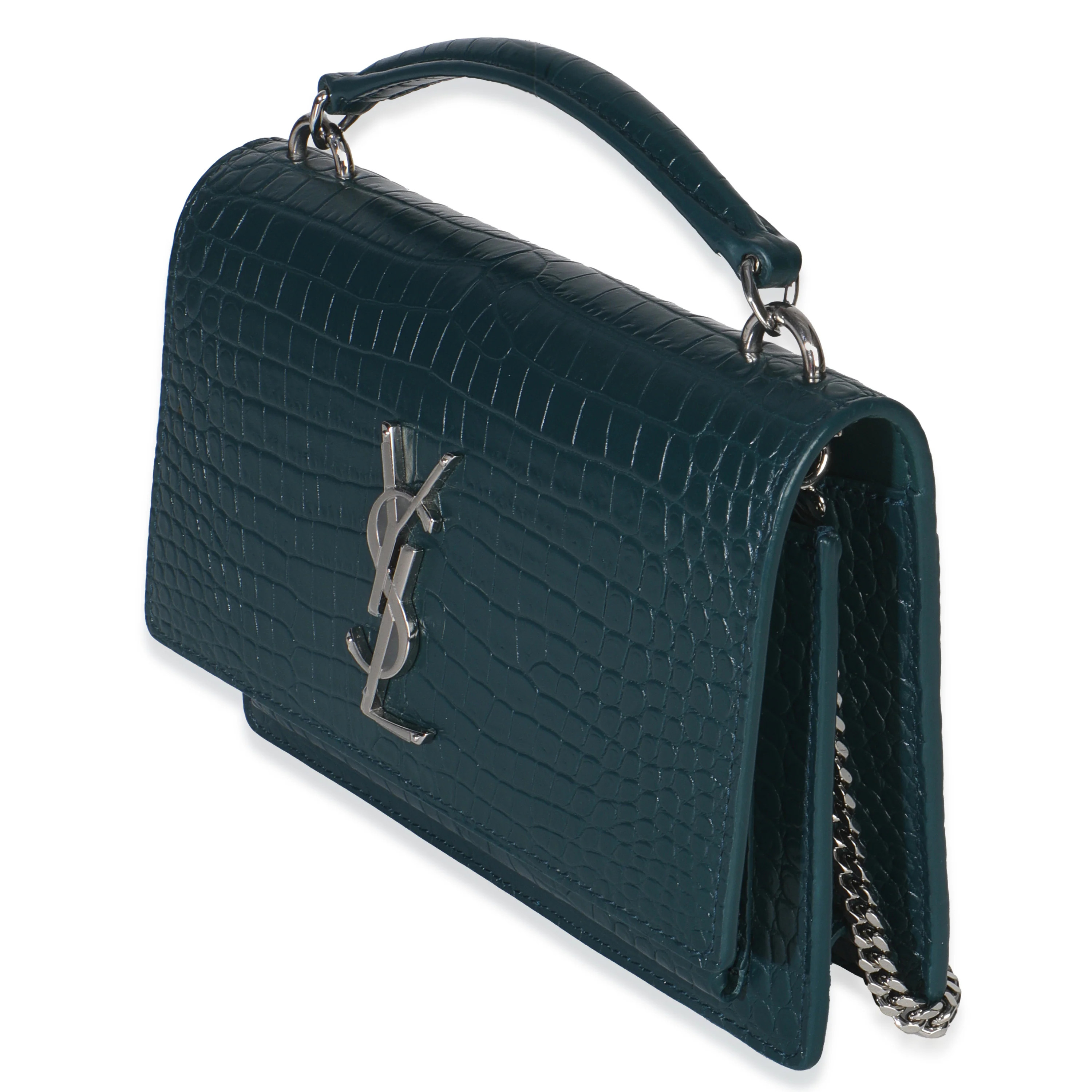 Teal Calfskin Crocodile Embossed Monogram Sunset Chain Wallet - Image 2