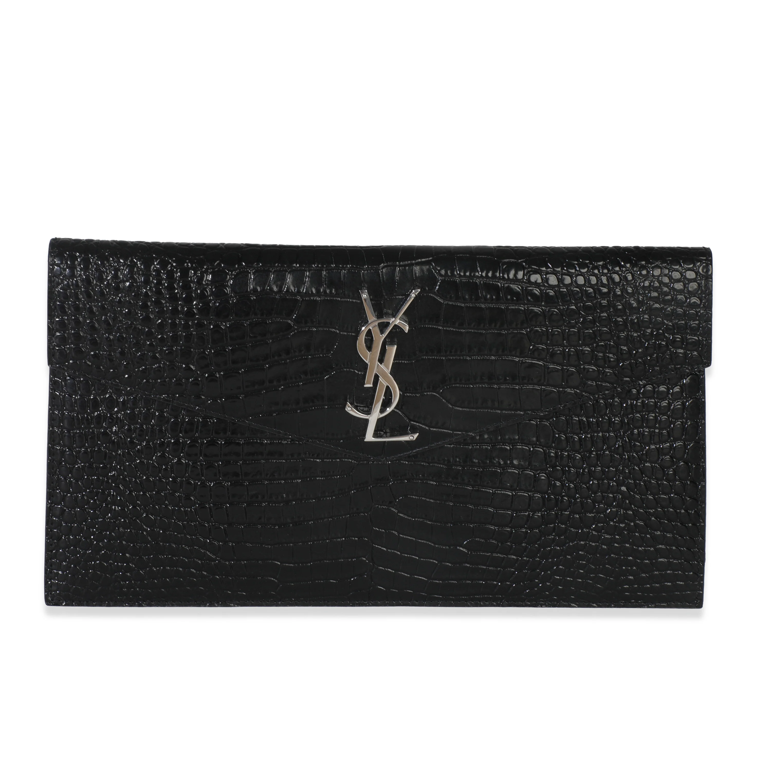 Black Croc Shiny Calfskin Embossed Uptown Pouch