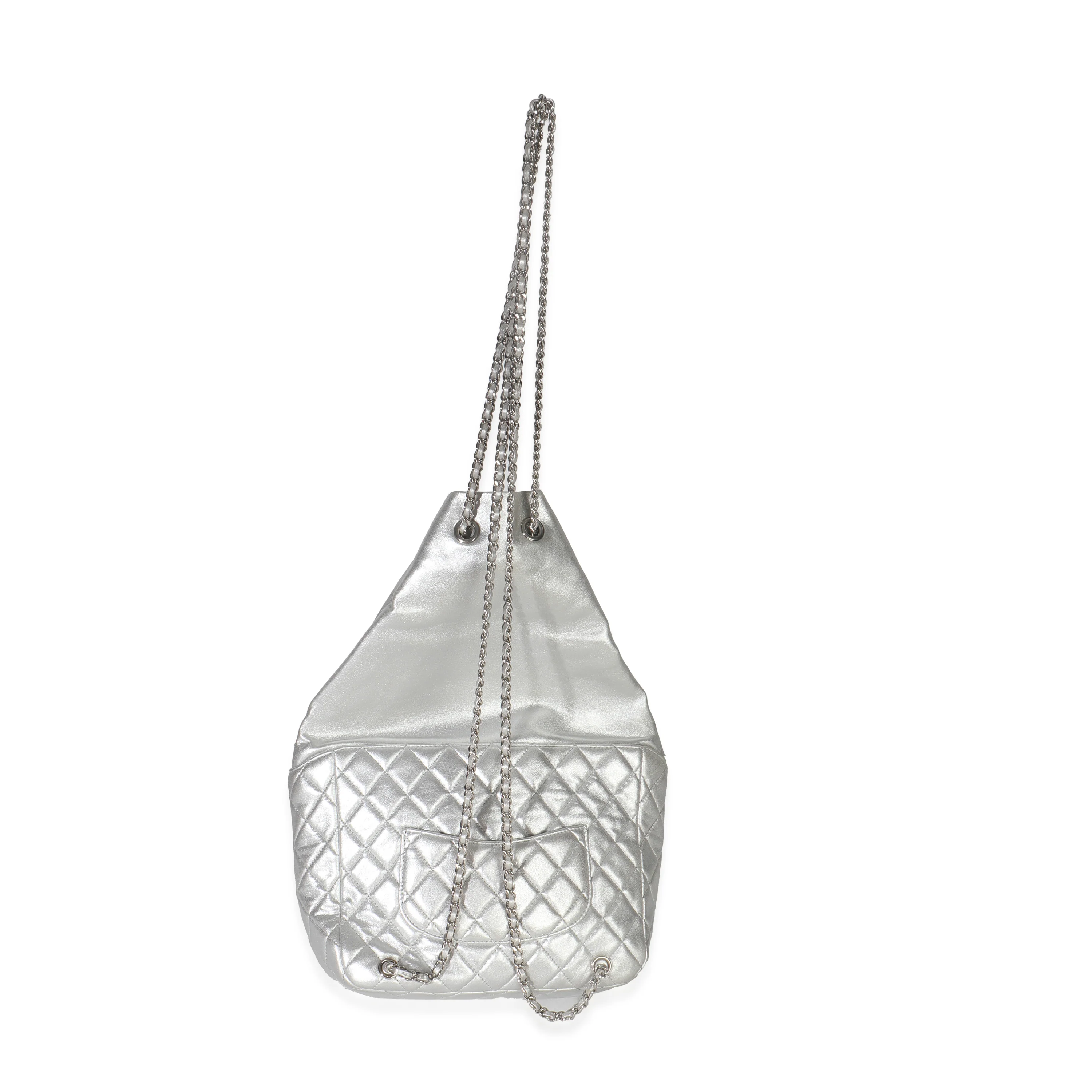Silver Metallic Lambskin Seoul Drawstring Backpack - Image 4