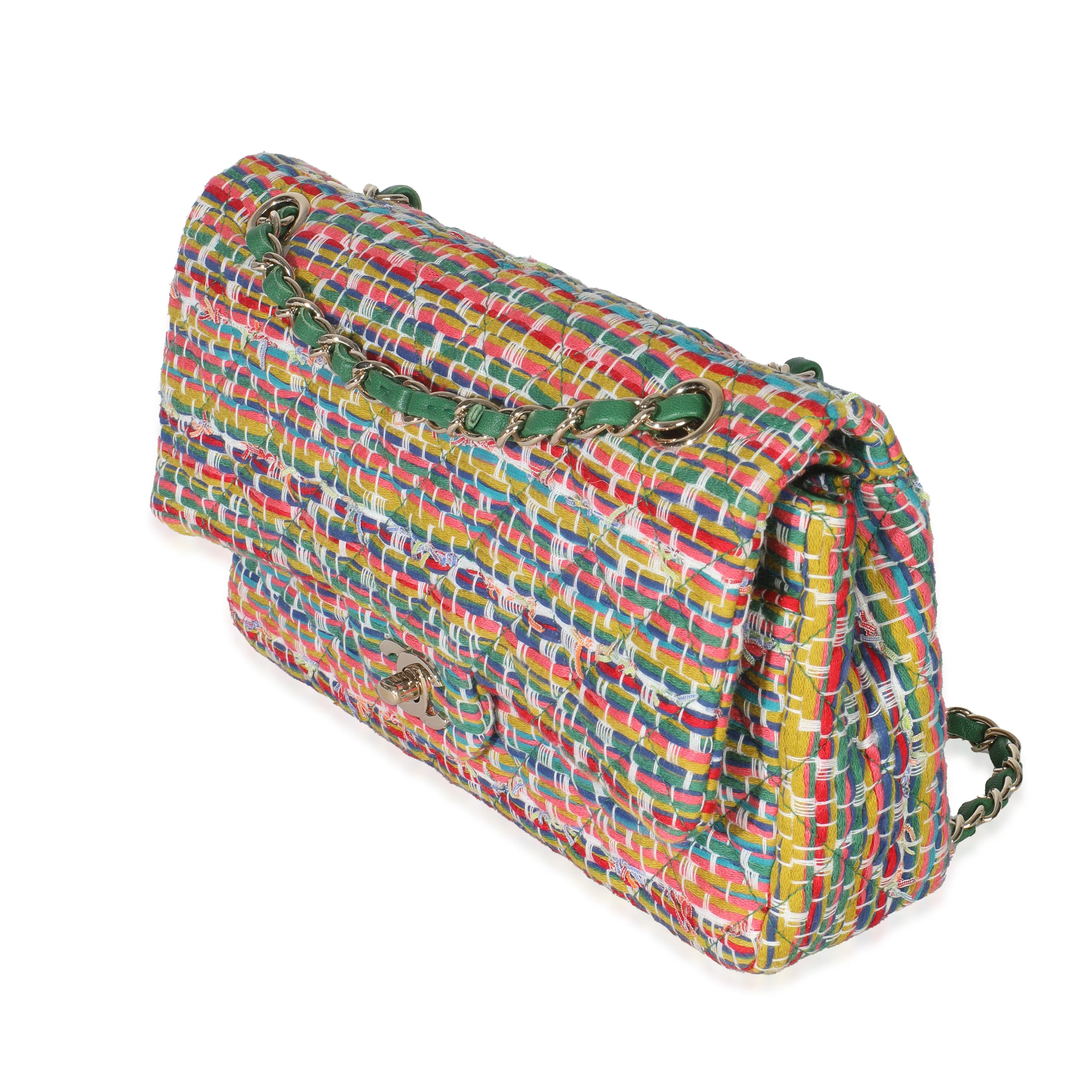 Green Yellow Red Multicolor Tweed Medium Classic Double Flap Bag - Image 2