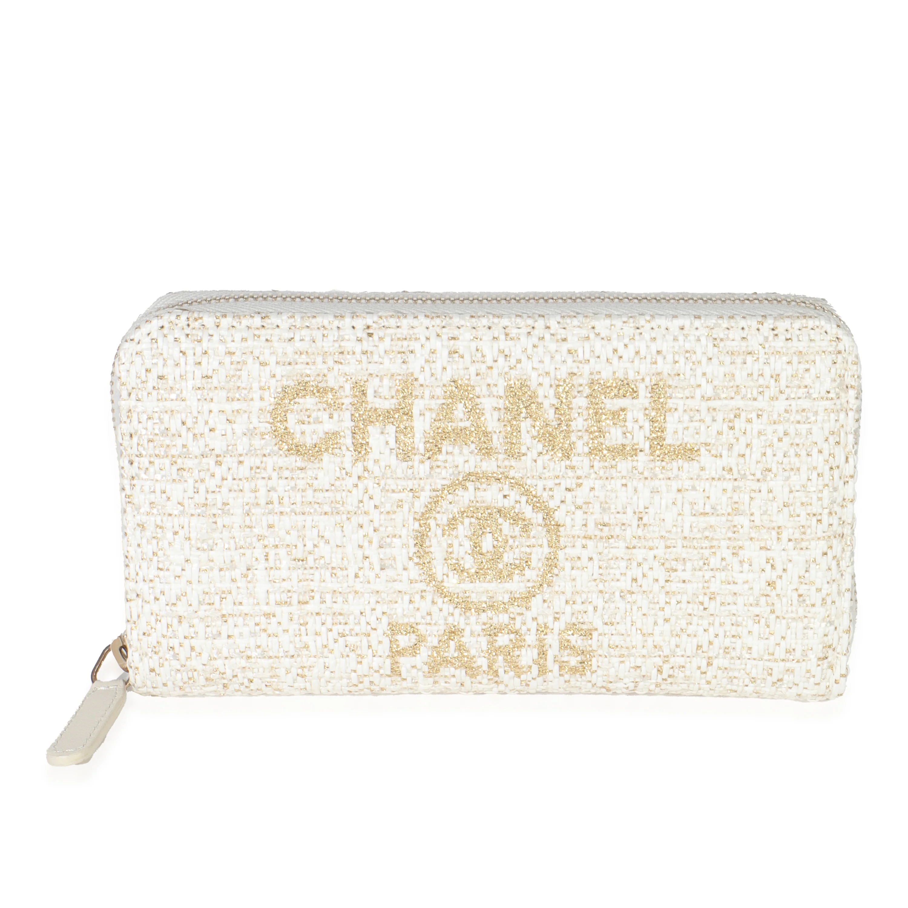Beige Lurex Canvas Deauville Small Zip Around Wallet