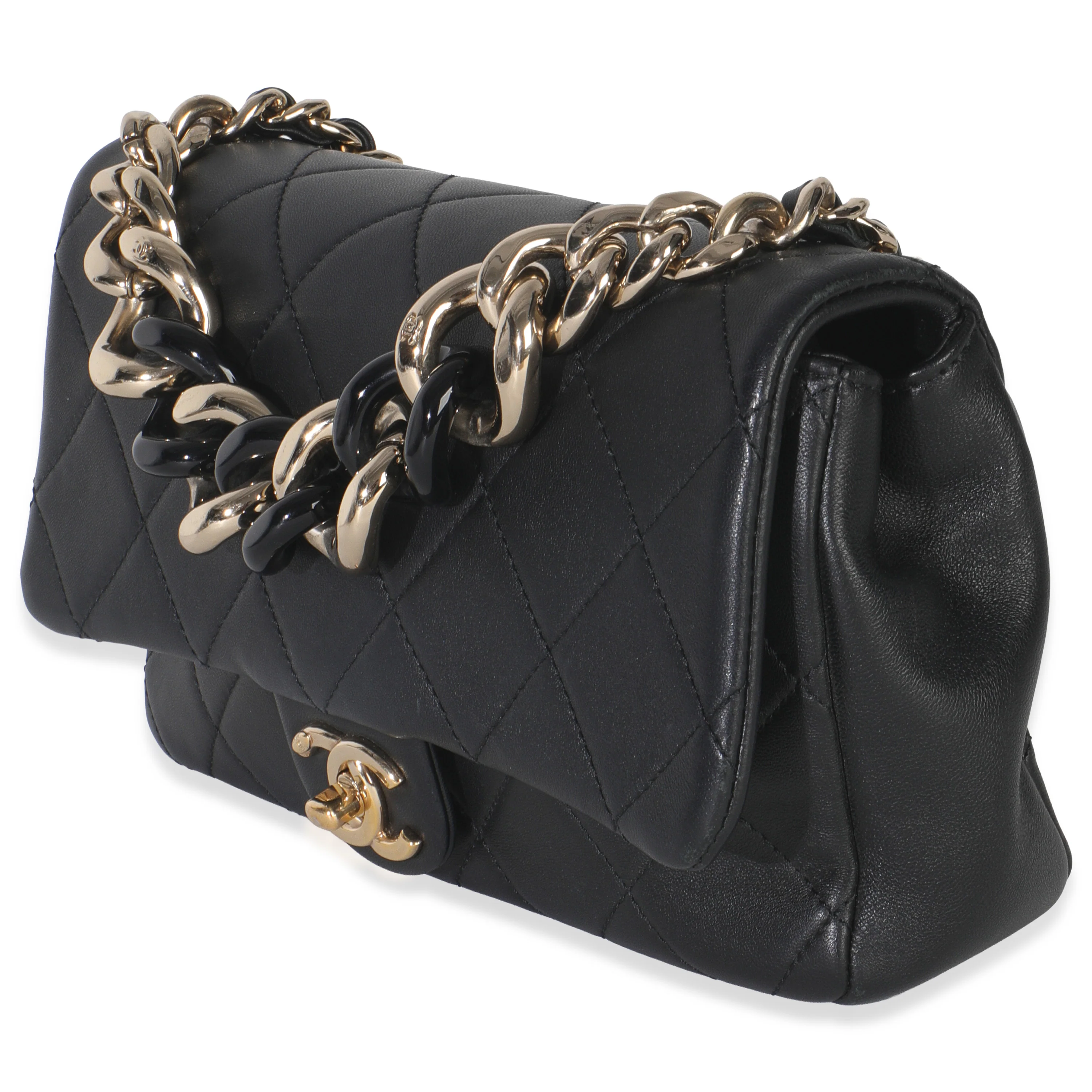 Black Quilted Lambskin Resin Elegant Chain Flap Bag - Image 2
