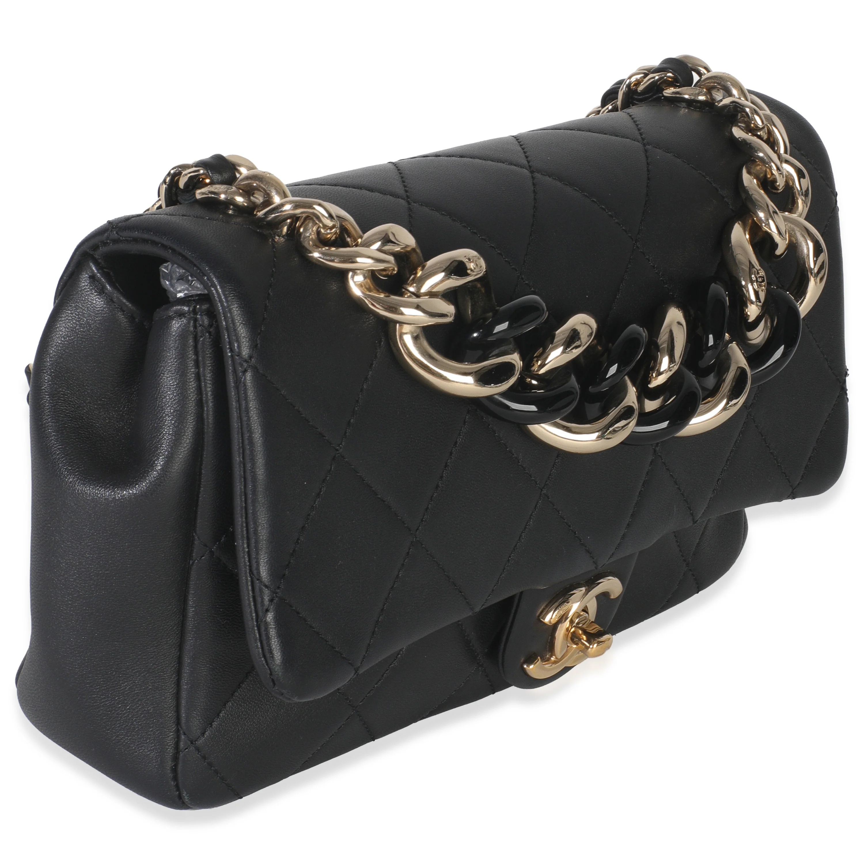 Black Quilted Lambskin Resin Elegant Chain Flap Bag - Image 3